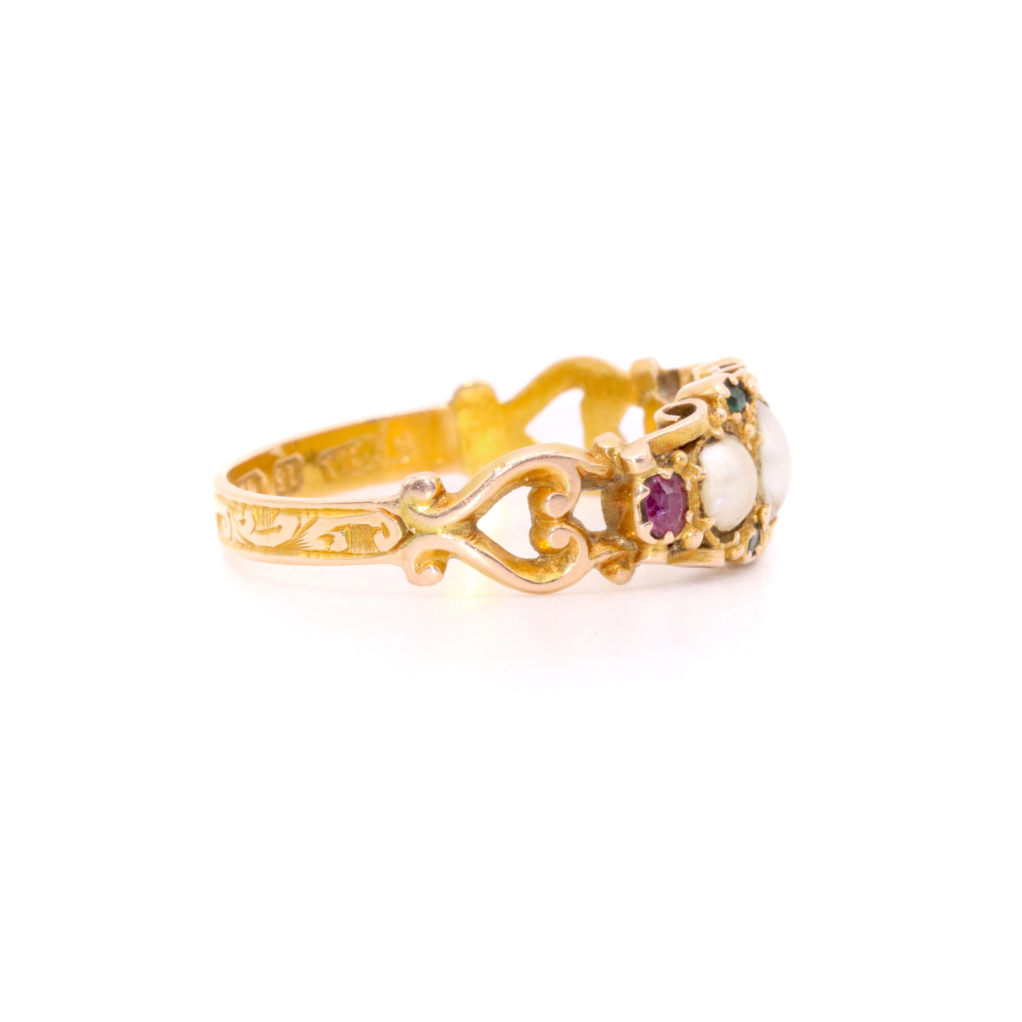 Women's or Men's Victorian 15K Gold Pearl, Garnet and Demantoid Garnet Ring, with Heart Shoulders For Sale