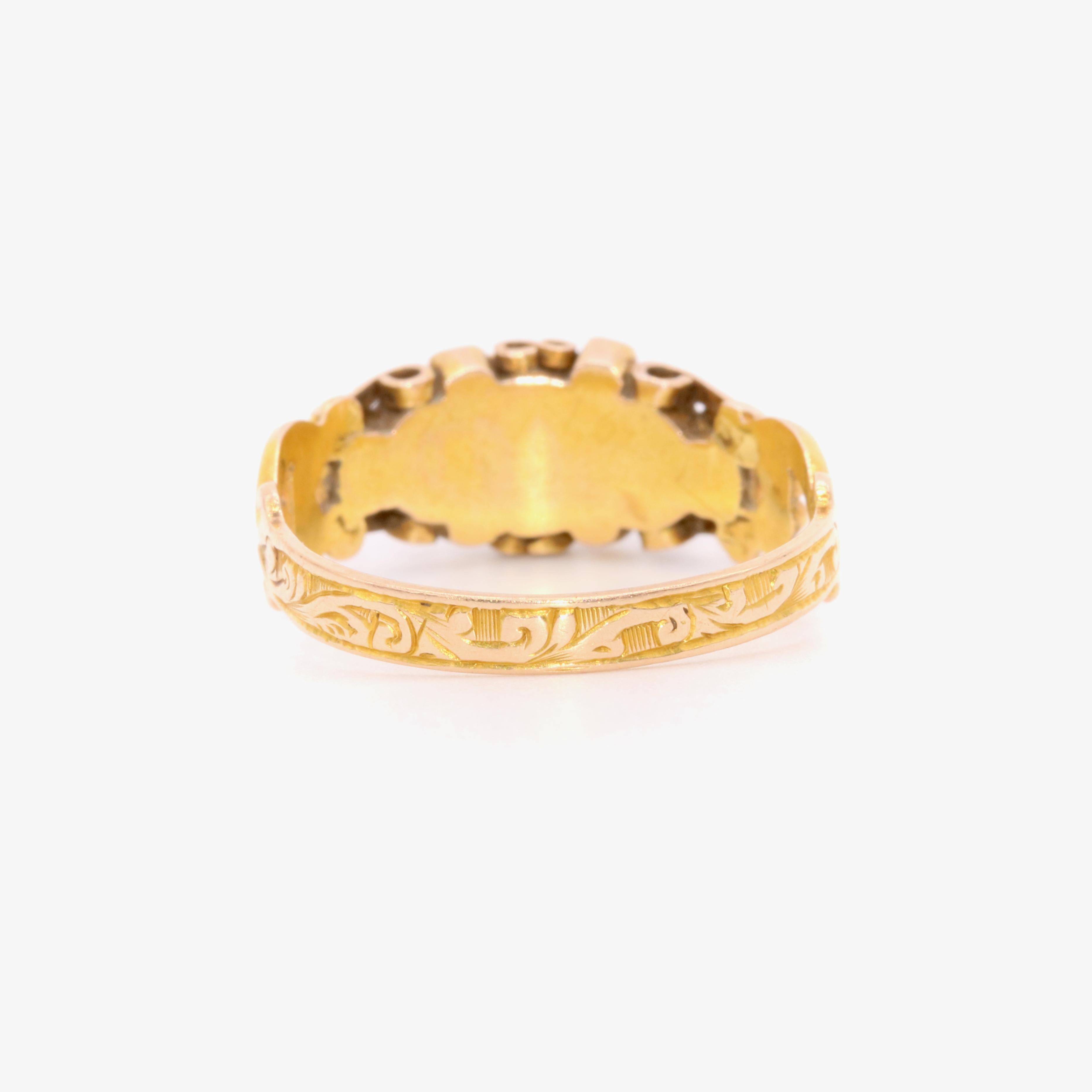 Victorian 15K Gold Pearl, Garnet and Demantoid Garnet Ring, with Heart Shoulders For Sale 1