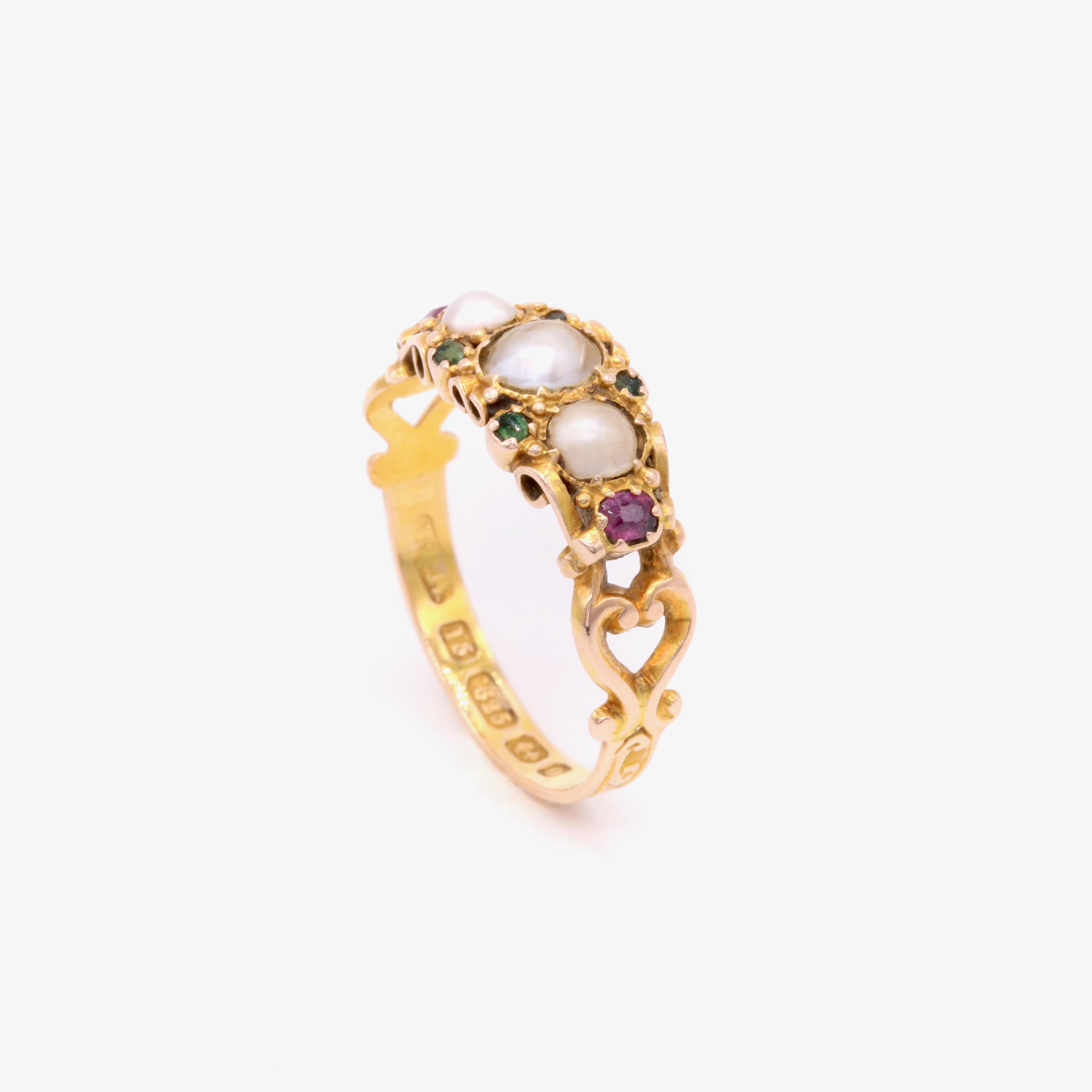 Victorian 15K Gold Pearl, Garnet and Demantoid Garnet Ring, with Heart Shoulders For Sale 2