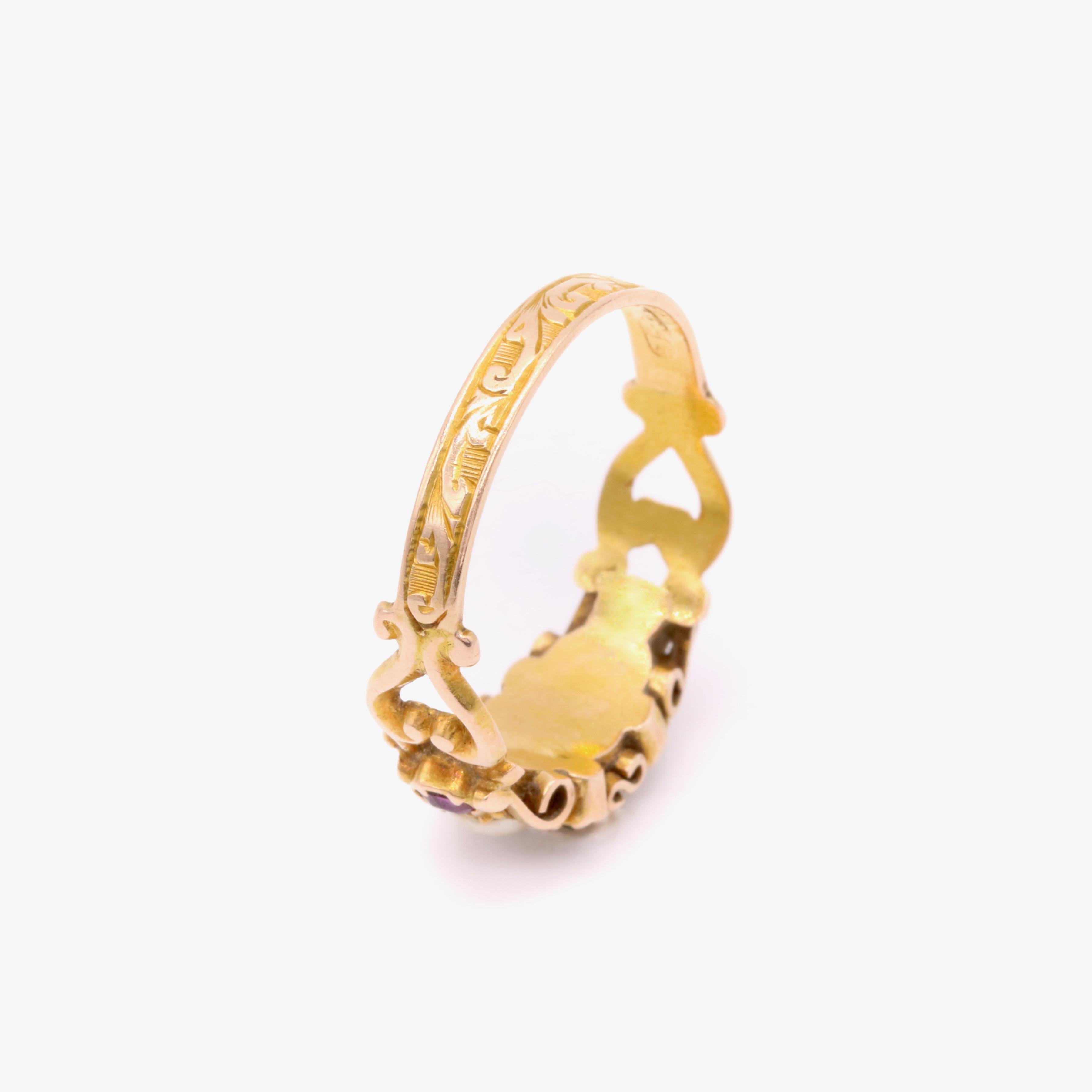 Victorian 15K Gold Pearl, Garnet and Demantoid Garnet Ring, with Heart Shoulders For Sale 3