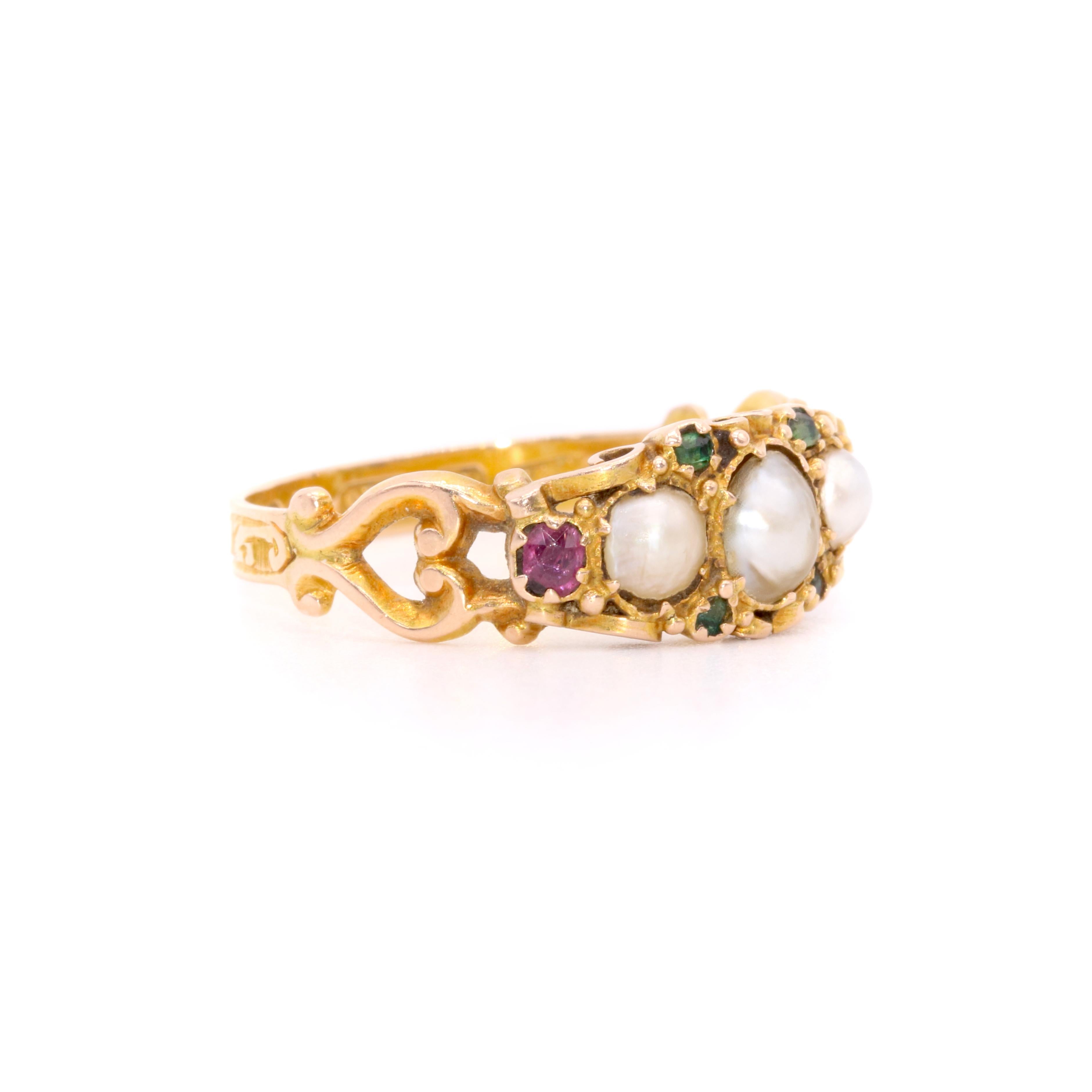 Victorian 15K Gold Pearl, Garnet and Demantoid Garnet Ring, with Heart Shoulders