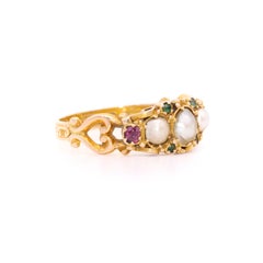 Victorian 15K Gold Pearl, Garnet and Demantoid Garnet Ring, with Heart Shoulders