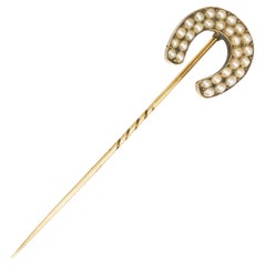Victorian 15k Gold Pearl Lucky Horseshoe Stick Pin, Circa 1880