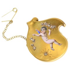 Victorian 15k Gold Rose Cut Diamond & Enamel Cherub Brooch, Circa 1880