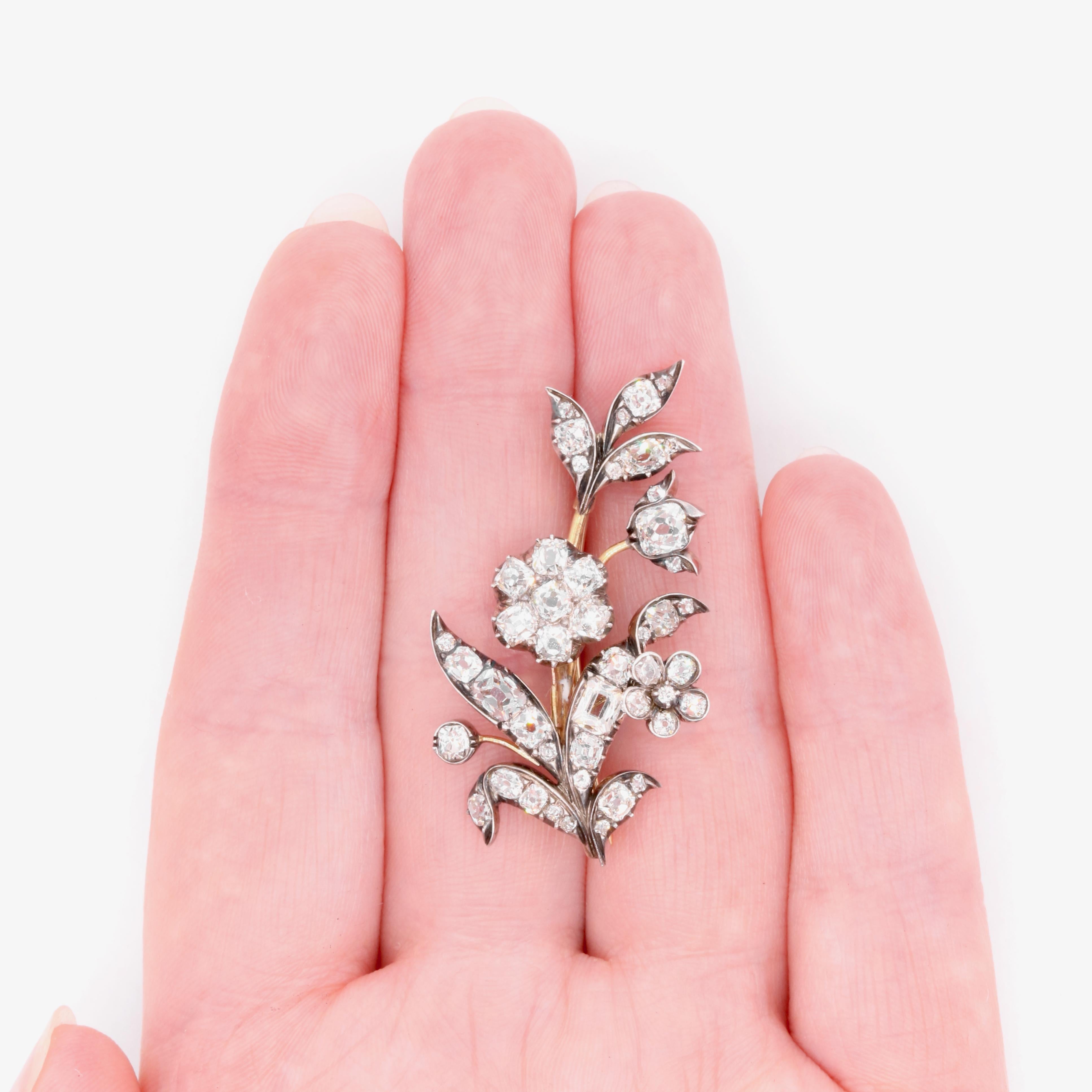 Victorian 15K Gold & Silver 3.8ctw Peruzzi Cut Diamond Floral Spray Brooch For Sale 5