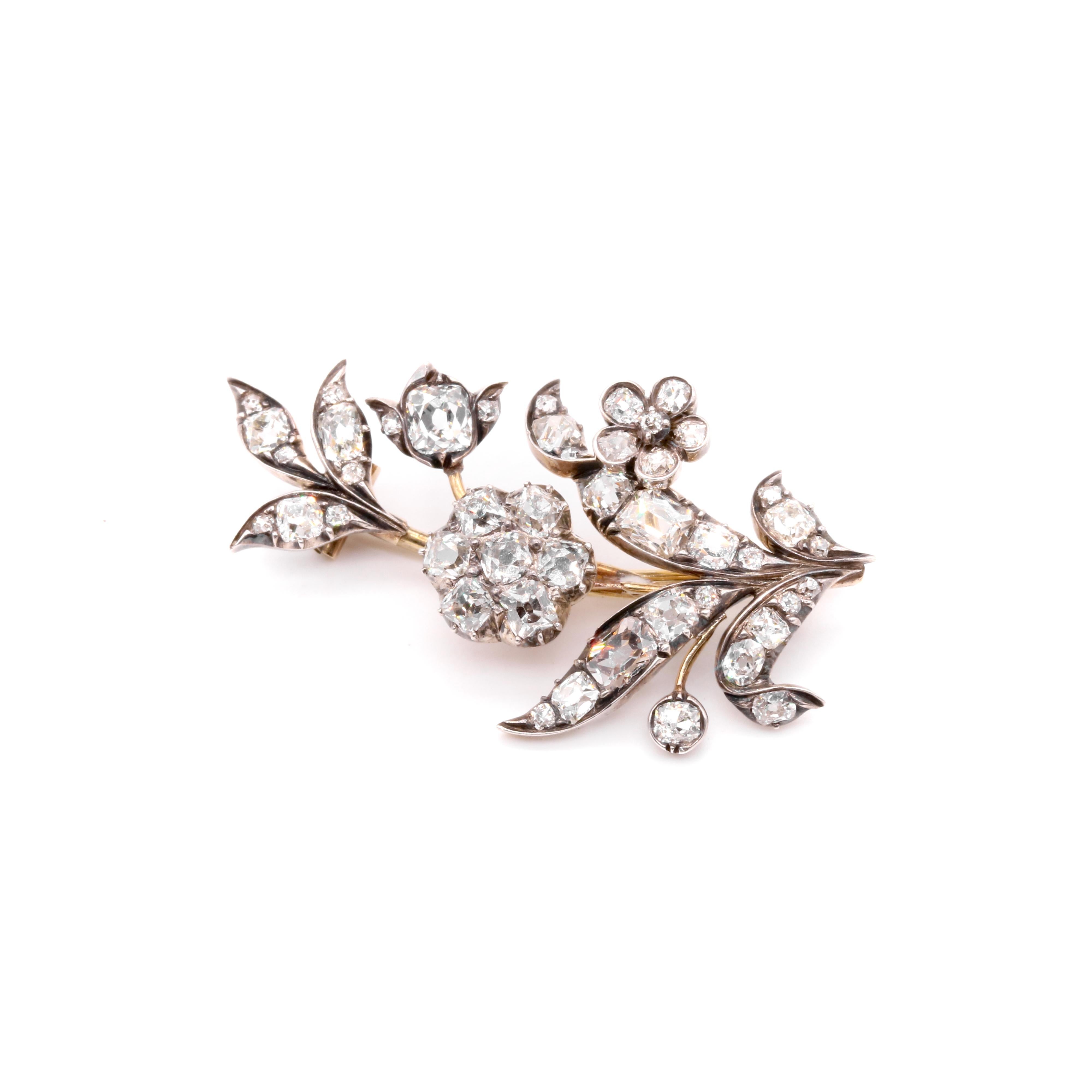 An antique diamond, silver, and yellow gold brooch, comprising forty-six old (Peruzzi) cut diamonds of various shapes and sizes, in silver and 15 karat yellow gold. 

My favourite thing about this Antique Silver and Yellow Gold Diamond Spray Brooch,