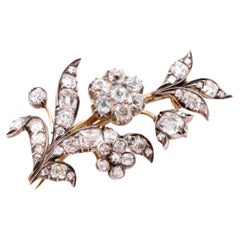 Victorian 15K Gold & Silver 3.8ctw Peruzzi Cut Diamond Floral Spray Brooch