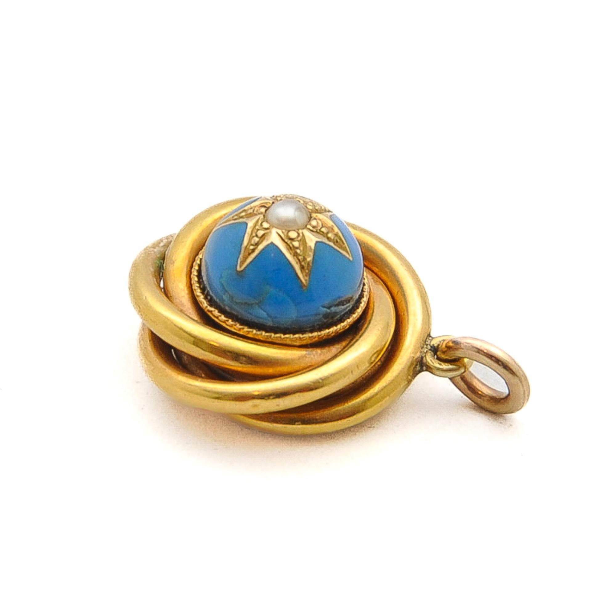 Women's or Men's Antique Victorian 15K Gold Blue Enamel Love Knot Pendant For Sale