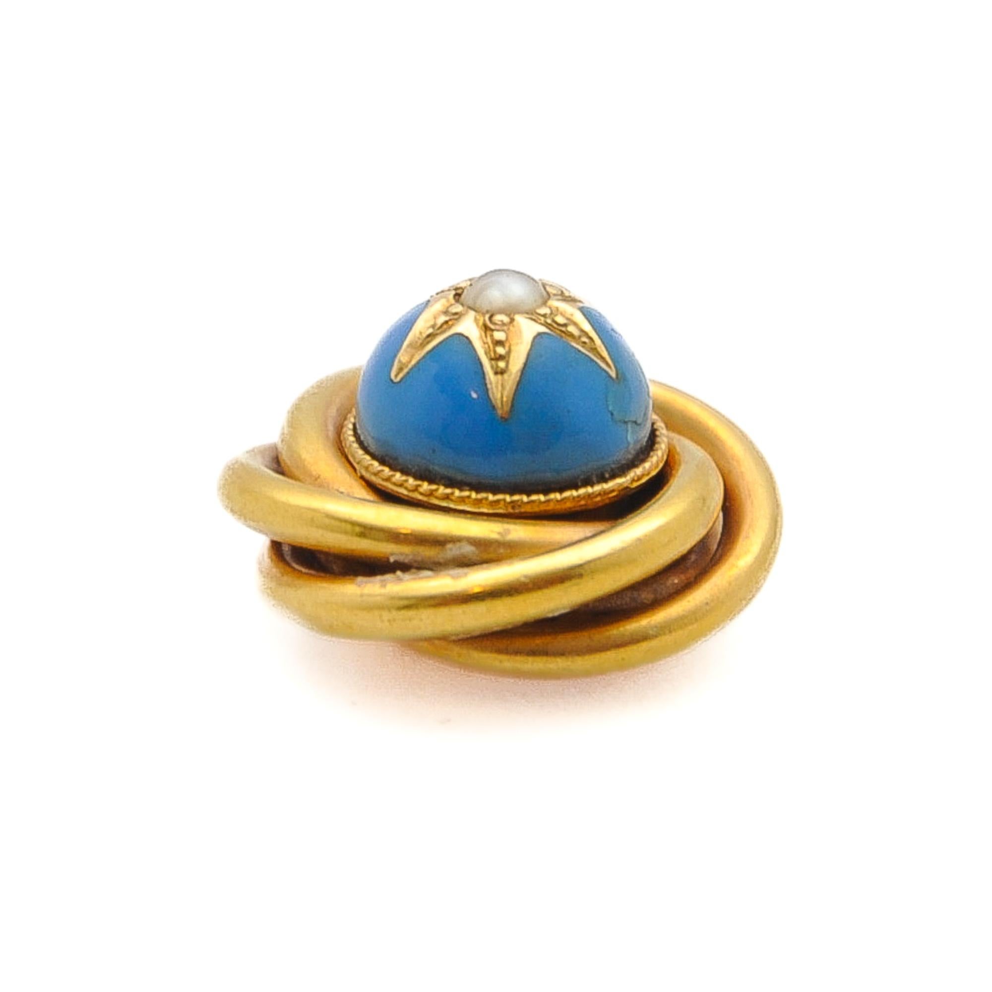 Antique Victorian 15K Gold Blue Enamel Love Knot Pendant For Sale 1