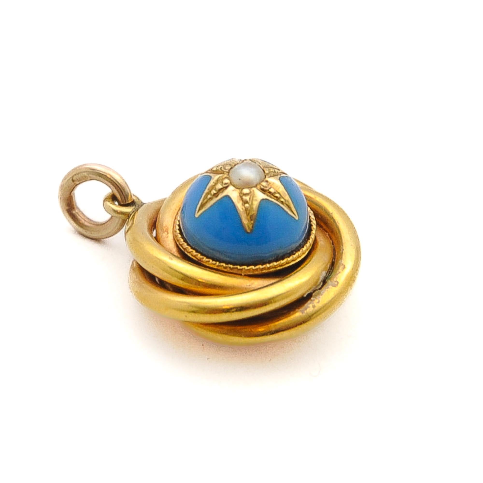 Antique Victorian 15K Gold Blue Enamel Love Knot Pendant For Sale 2
