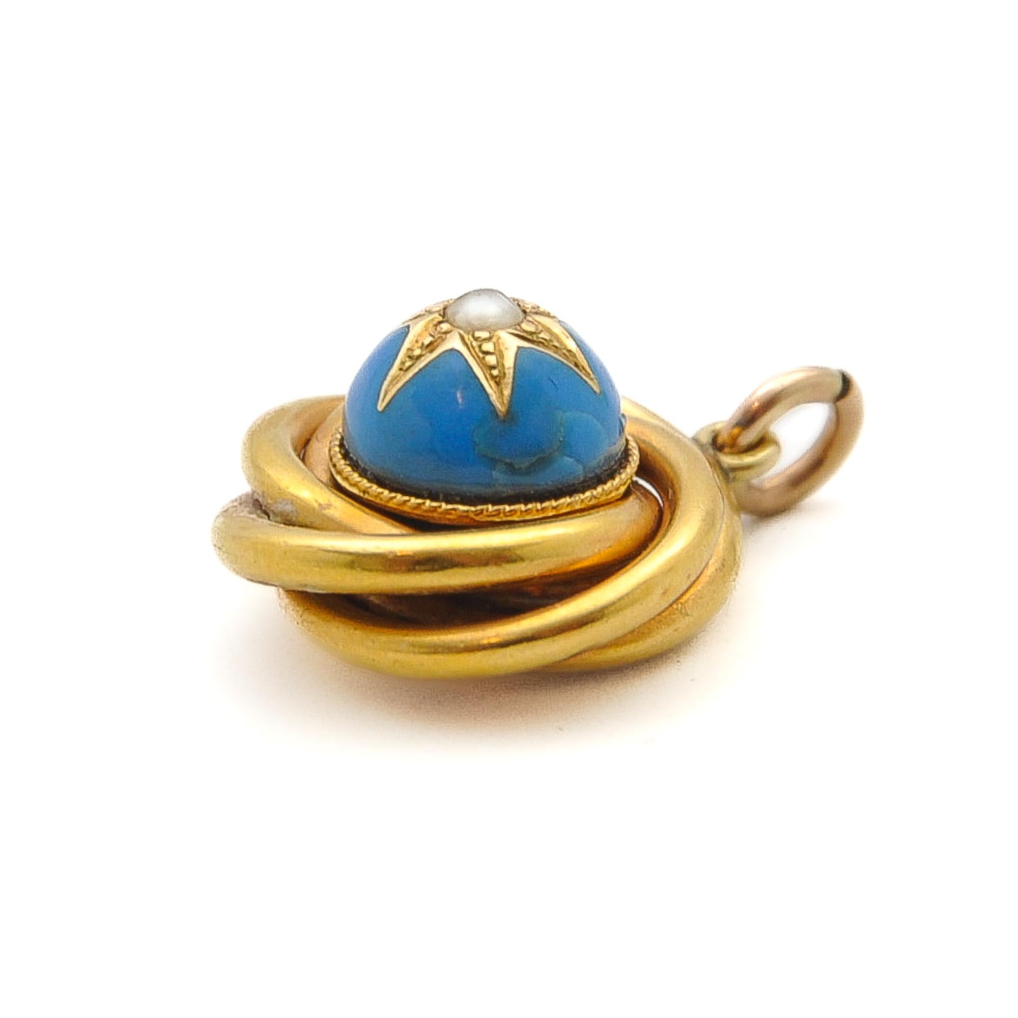 Antique Victorian 15K Gold Blue Enamel Love Knot Pendant For Sale 3