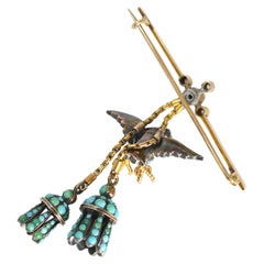 Victorian 15k Gold Turquoise, Pearl & Diamond Eagle Tassel Brooch, Circa 1850