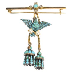 Victorian 15k Gold Turquoise, Pearl & Diamond Eagle Tassel Brooch, Circa 1850