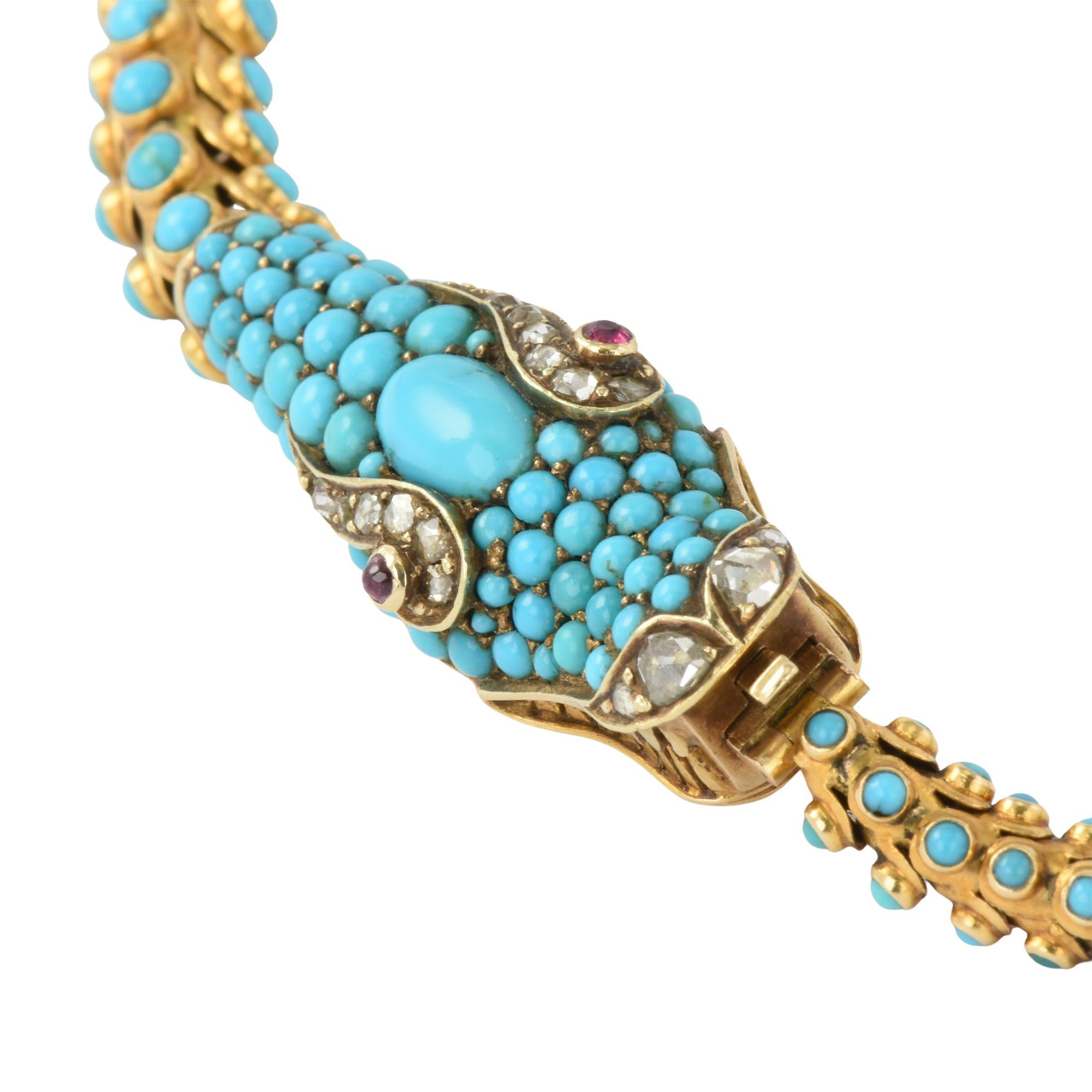 Cabochon Victorian 15k Gold & Turquoise Snake Necklace, circa 1860 For Sale