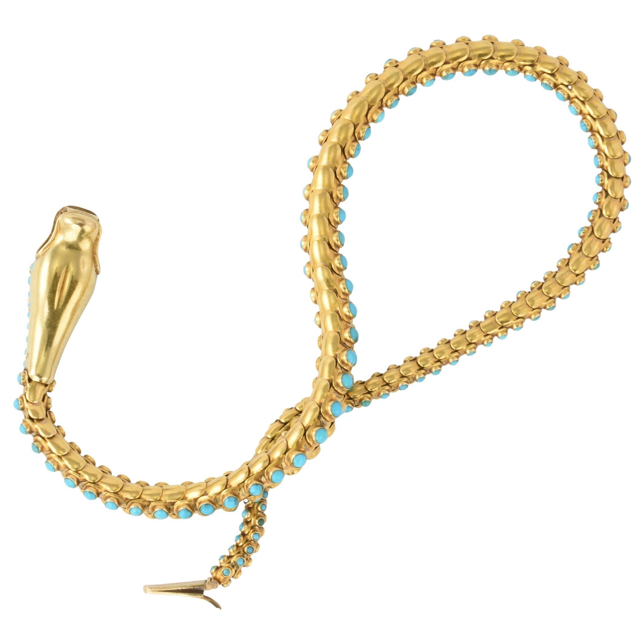 Victorian 15k Gold & Turquoise Snake Necklace, circa 1860 In Good Condition For Sale In Wilmslow, GB