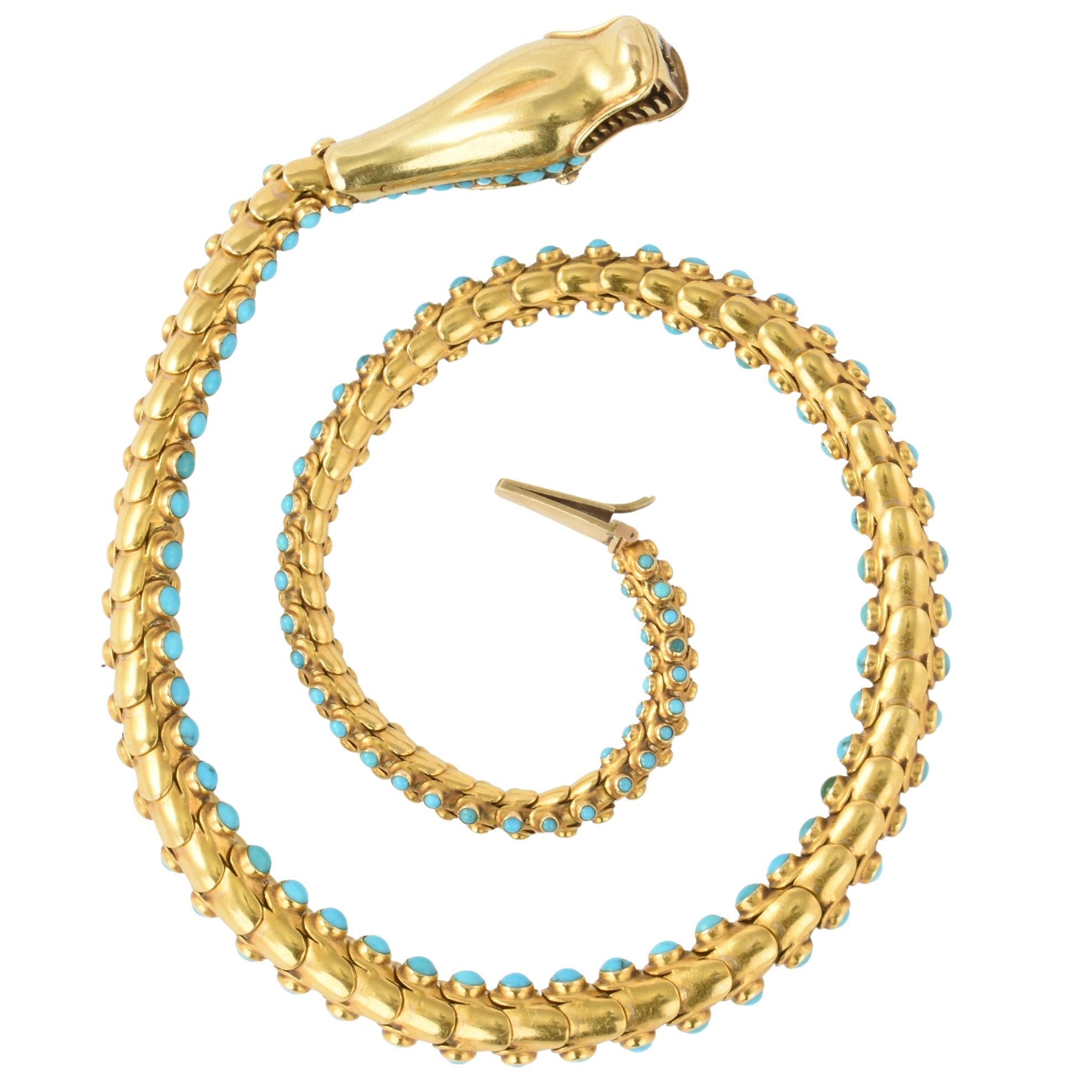 Women's Victorian 15k Gold & Turquoise Snake Necklace, circa 1860 For Sale