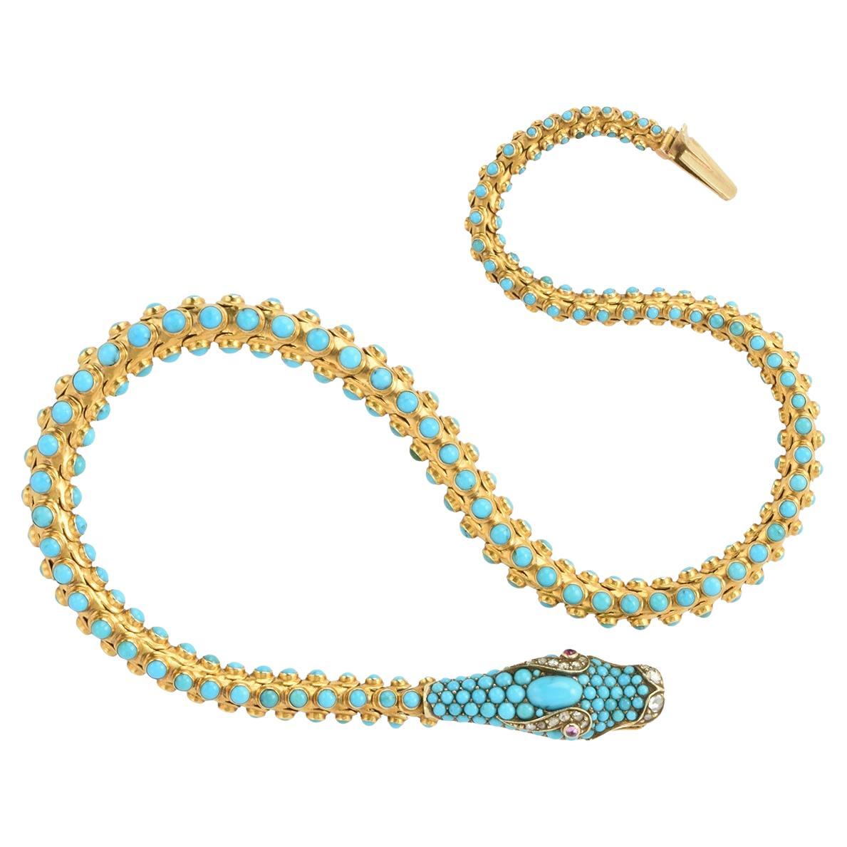 Victorian 15k Gold & Turquoise Snake Necklace, circa 1860 For Sale