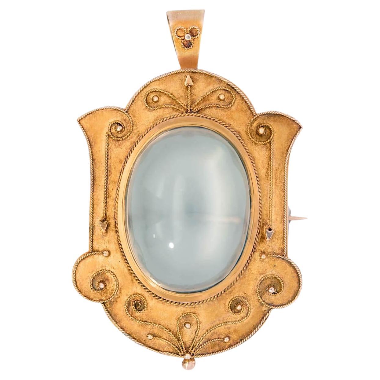 Pendentif Victorien 15k Pierre de Lune Etrusque en fil métallique