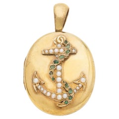 Antique Victorian 15k Pearl + Emerald Fouled Anchor Locket