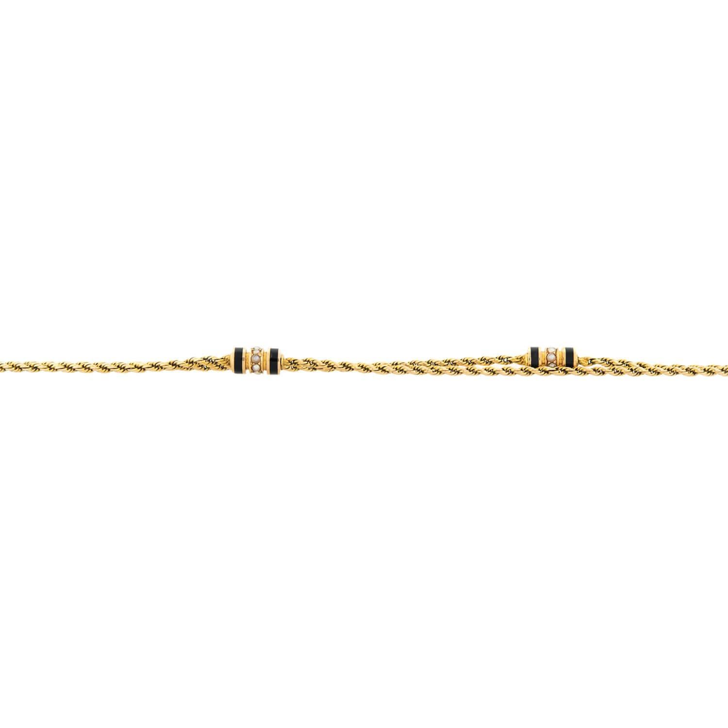 Round Cut Victorian 15k Pearl Enameled Watch Chain For Sale