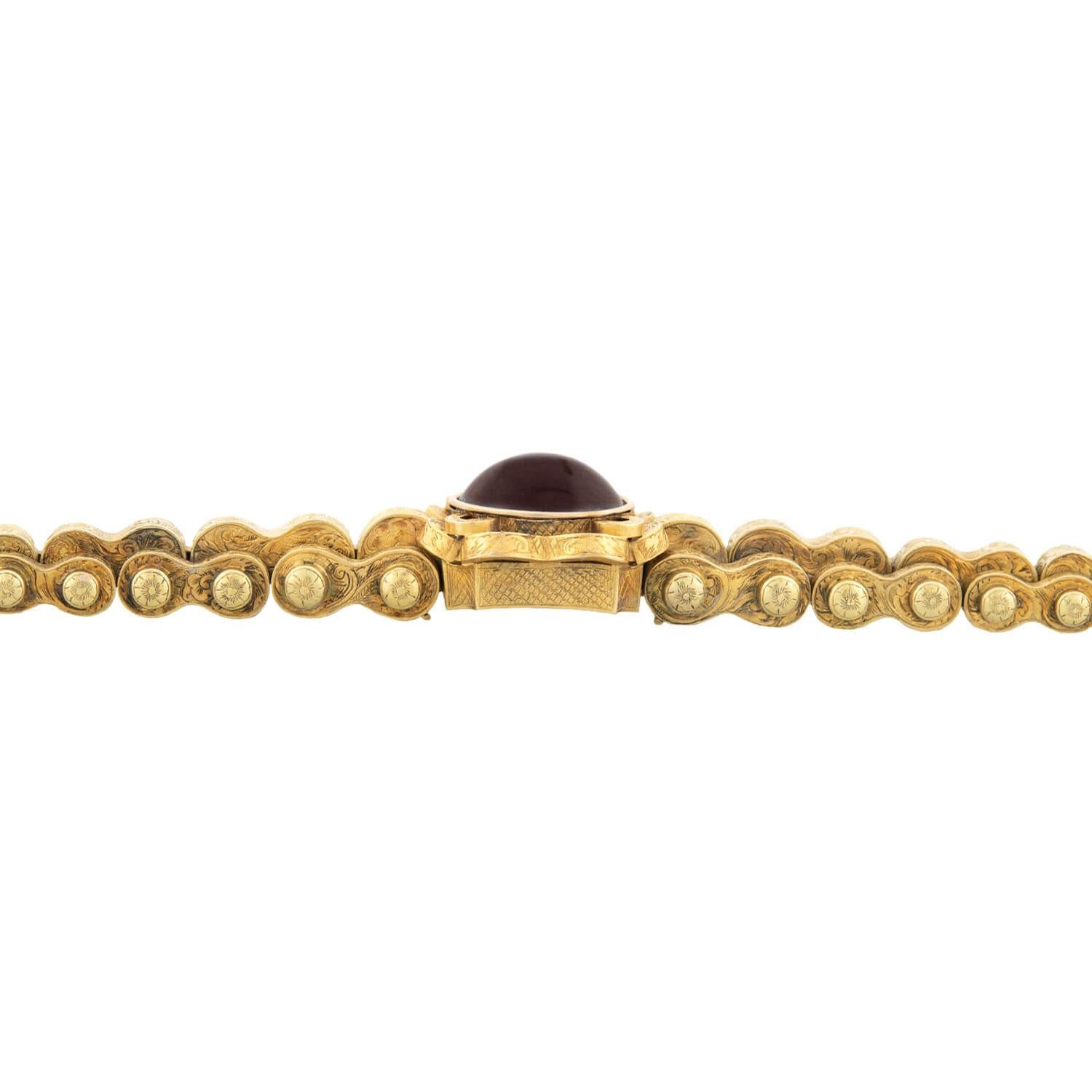 Cabochon Victorian 15k Repousse + Garnet Mourning Link Bracelet For Sale