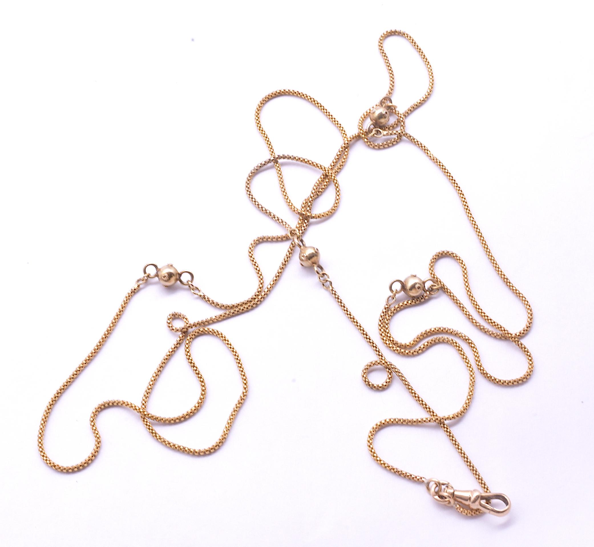 Our lightweight Victorian 15K rope chain has 2 sets of symmetrically placed balls set equidistant down the length of a chain, and feels wonderful. Nineteenth century chains were hand worked and fashioned laboriously; note the details such as the