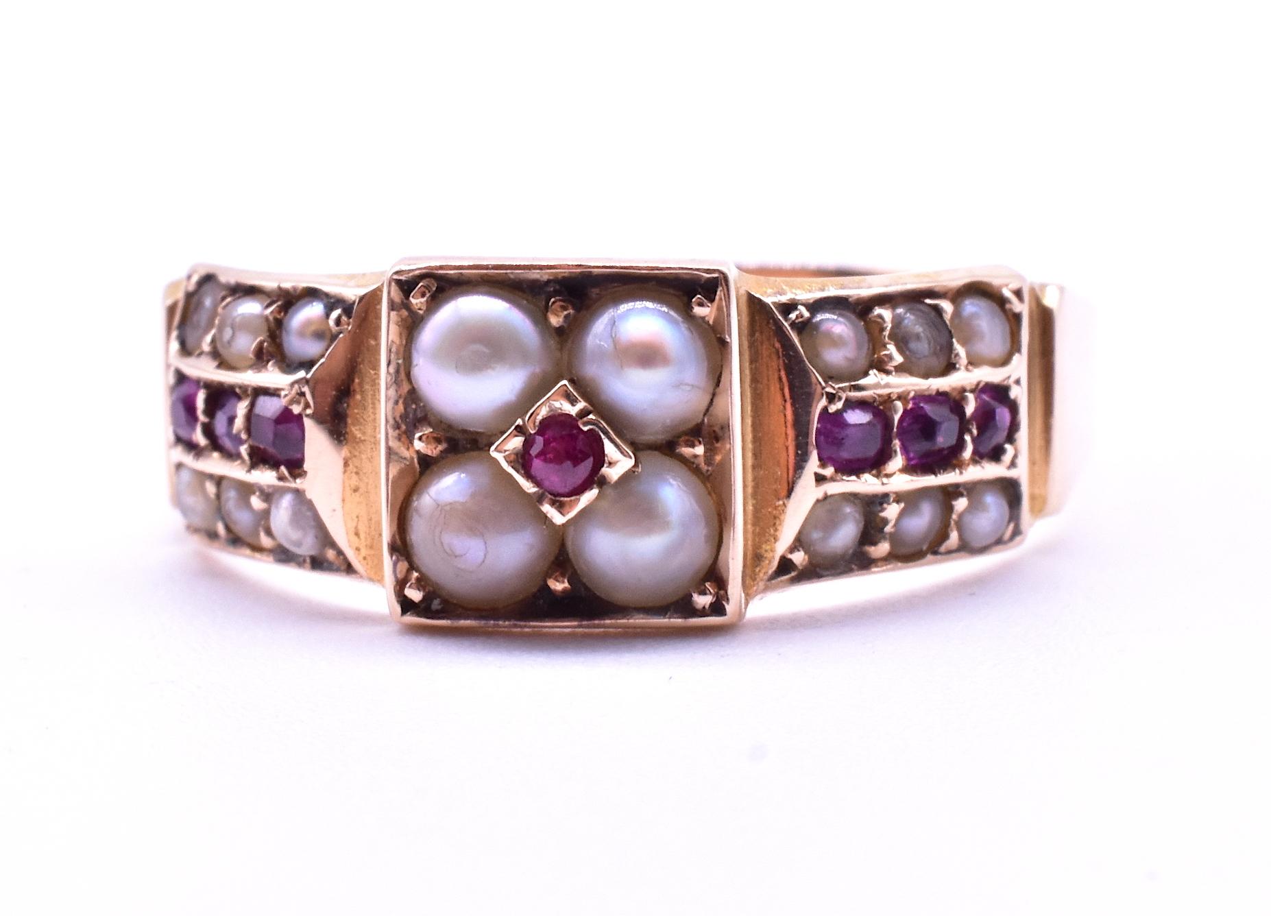 This ruby and pearl band ring, with its 7 deep purplish-red rubies, is the perfect accompaniment to other rings for your ring stack. Rubies are among the most prized and rare precious gems, and second only to diamonds in the Moh's hardness scale.