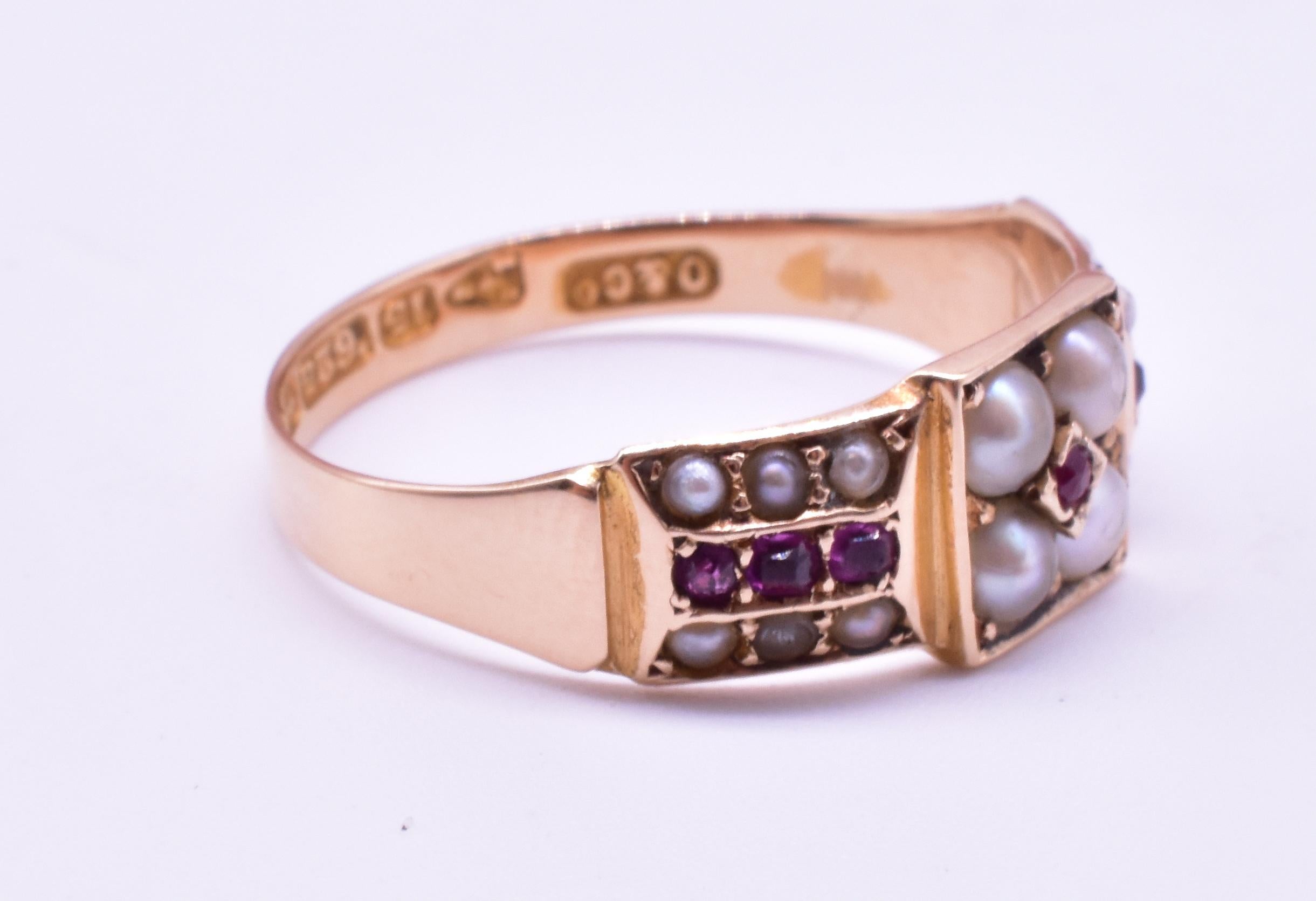 Rose Cut Victorian 15 Karat Ruby and Pearl Band Ring HM Chester 1882