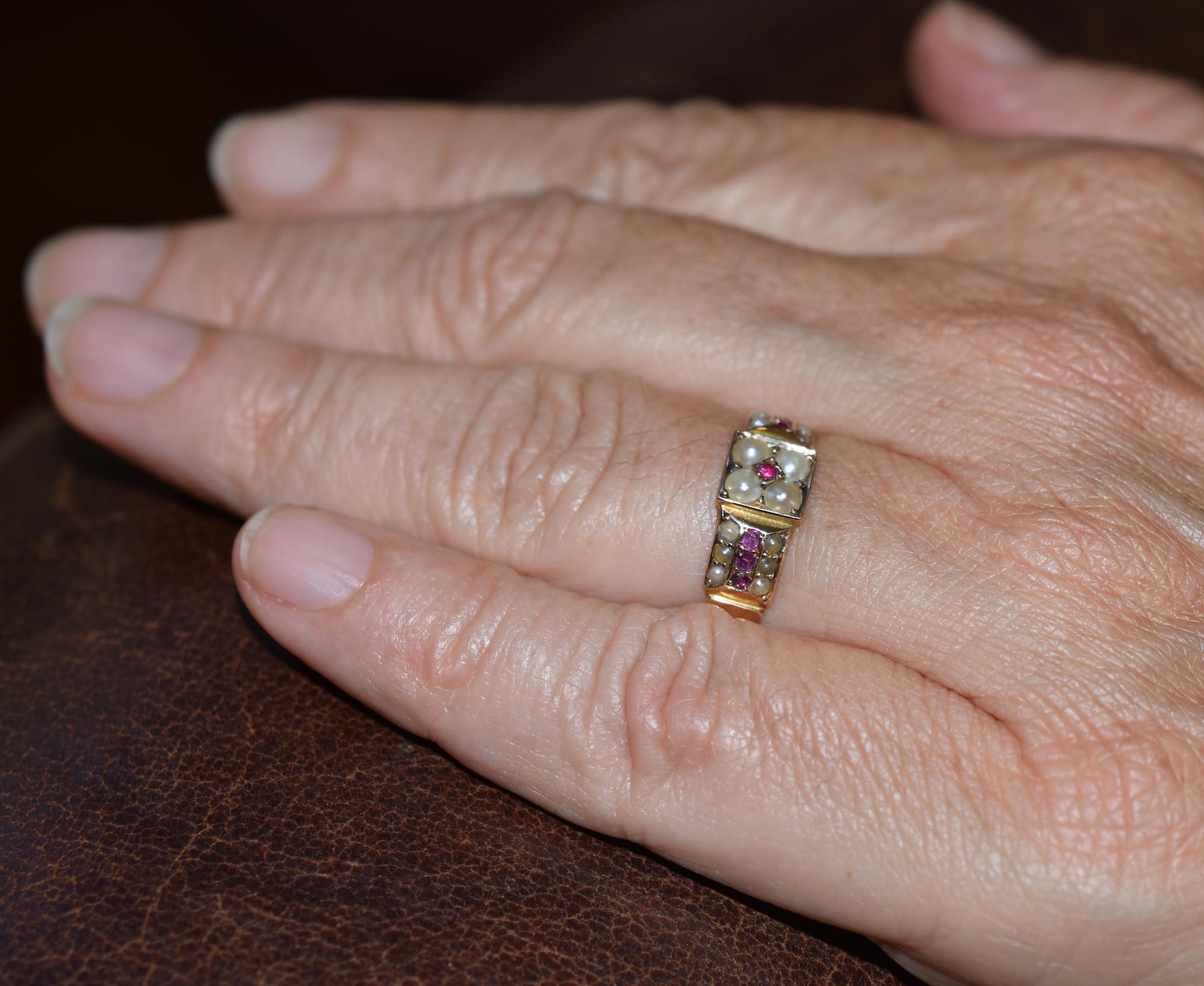 Victorian 15 Karat Ruby and Pearl Band Ring HM Chester 1882 3