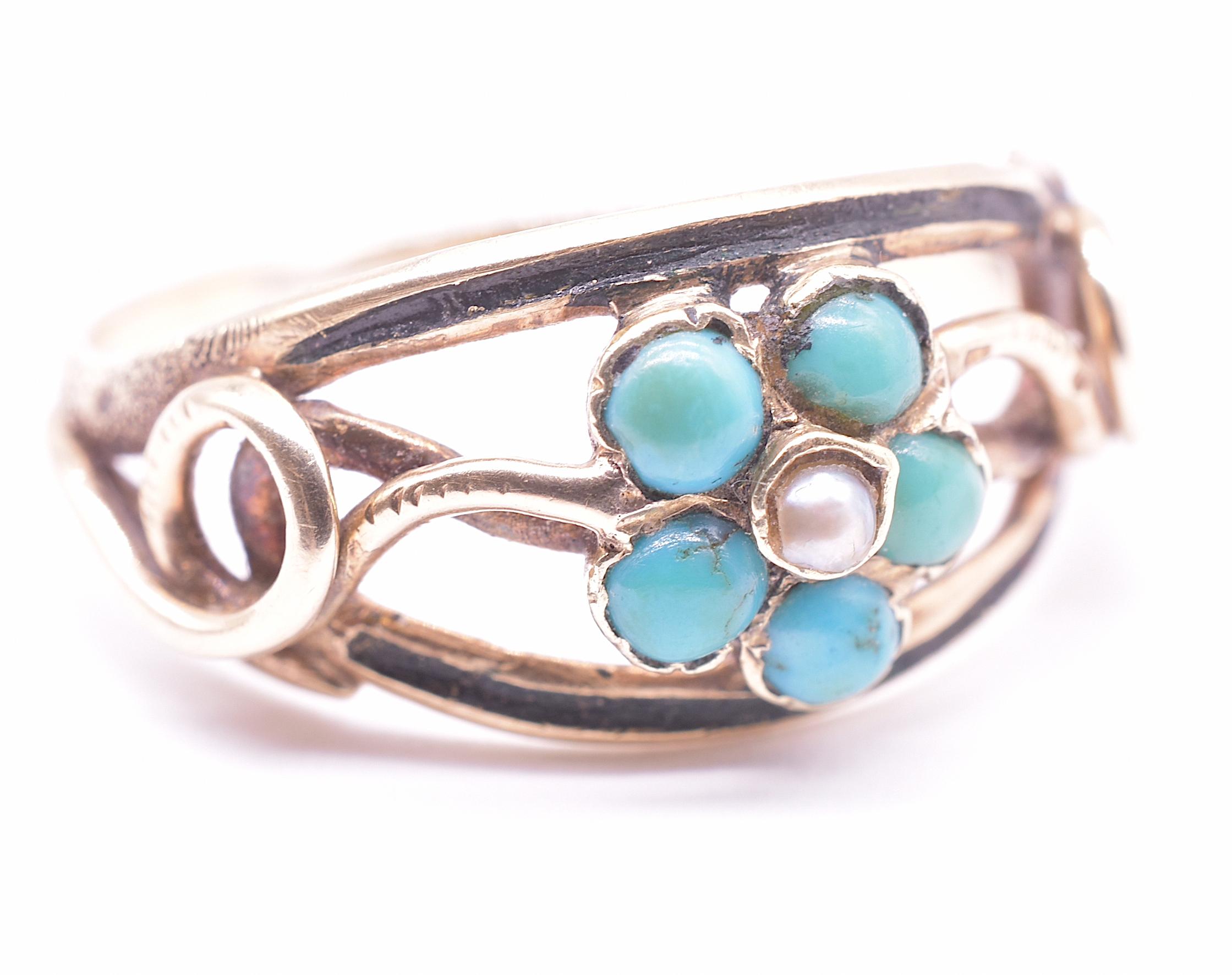 Cabochon Victorian 15K Turquoise Forget Me Not Ring