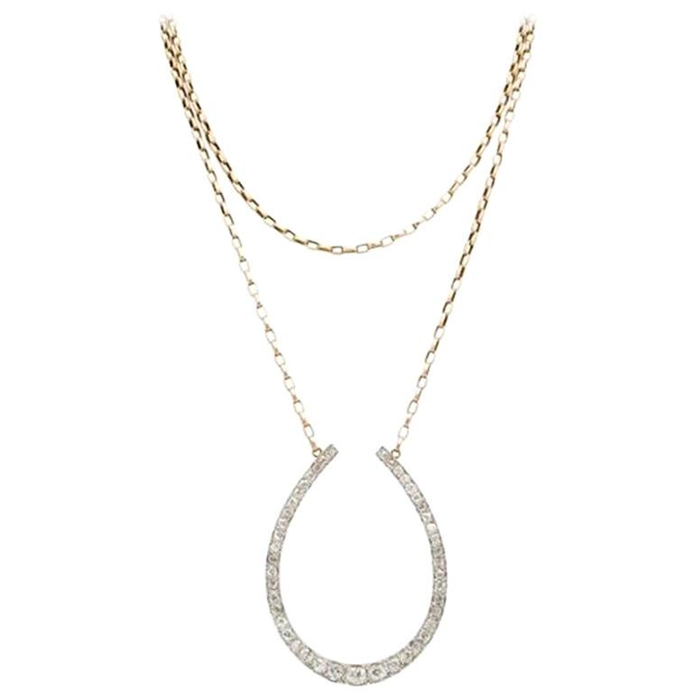 Victorian 15 Karat Gold and Platinum and 5.0 Carat Diamond Horseshoe Necklace For Sale
