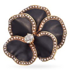 Victorian 15k Yellow Gold Black Enamel Pearl & Old Mine Cut Diamond Pansy Brooch