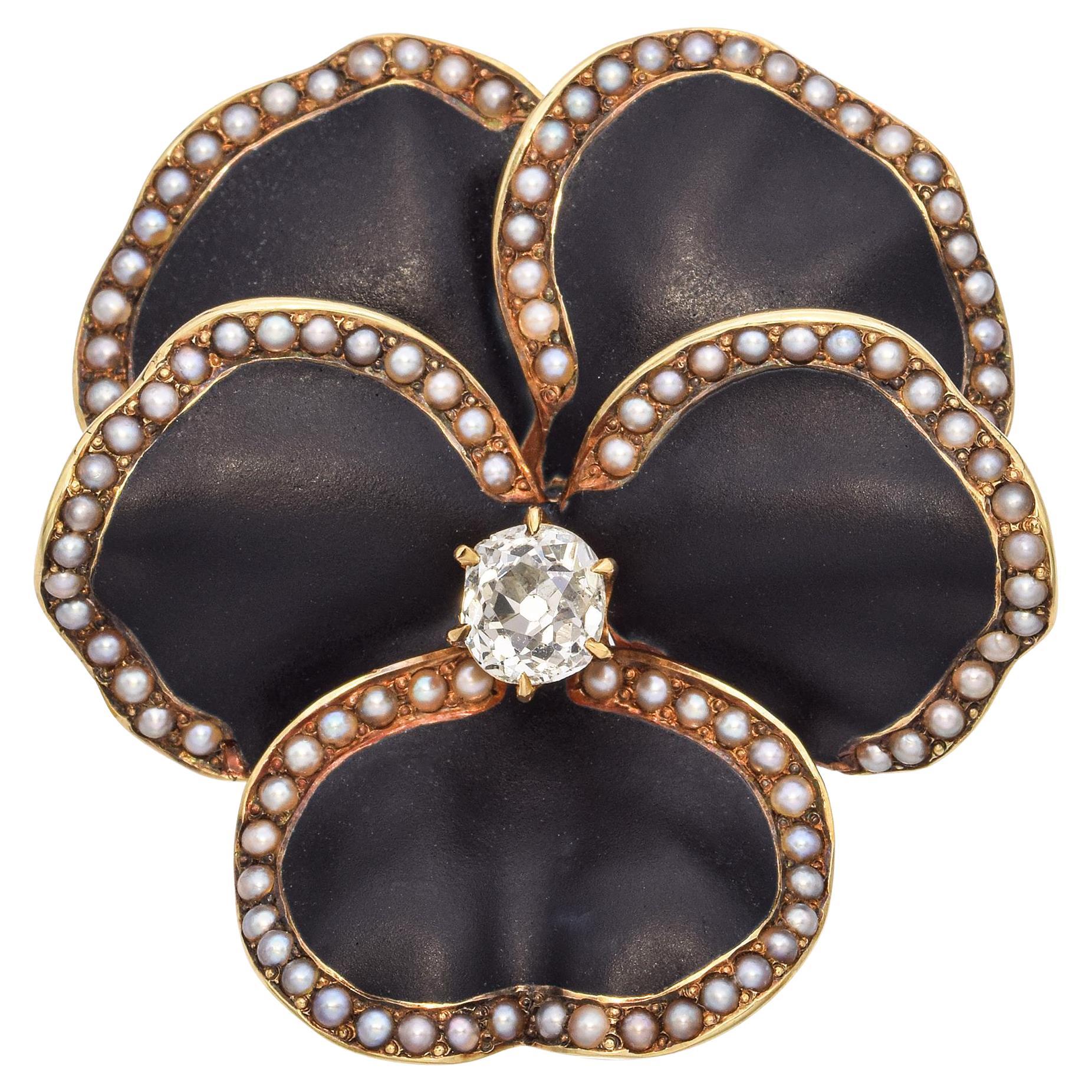 Victorian 15k Yellow Gold Black Enamel Pearl & Old Mine Cut Diamond Pansy Brooch