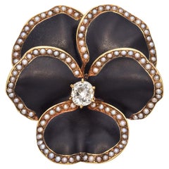 Antique Victorian 15k Yellow Gold Black Enamel Pearl & Old Mine Cut Diamond Pansy Brooch