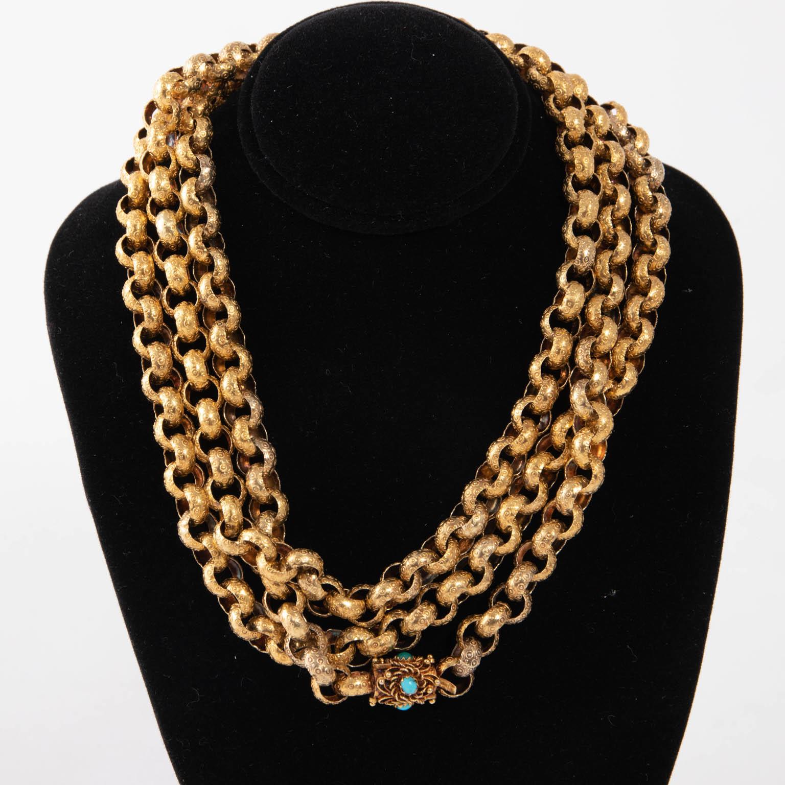 Victorian 15 Karat Yellow Gold Circle Pattern Rollo Links Chain Necklace For Sale 2