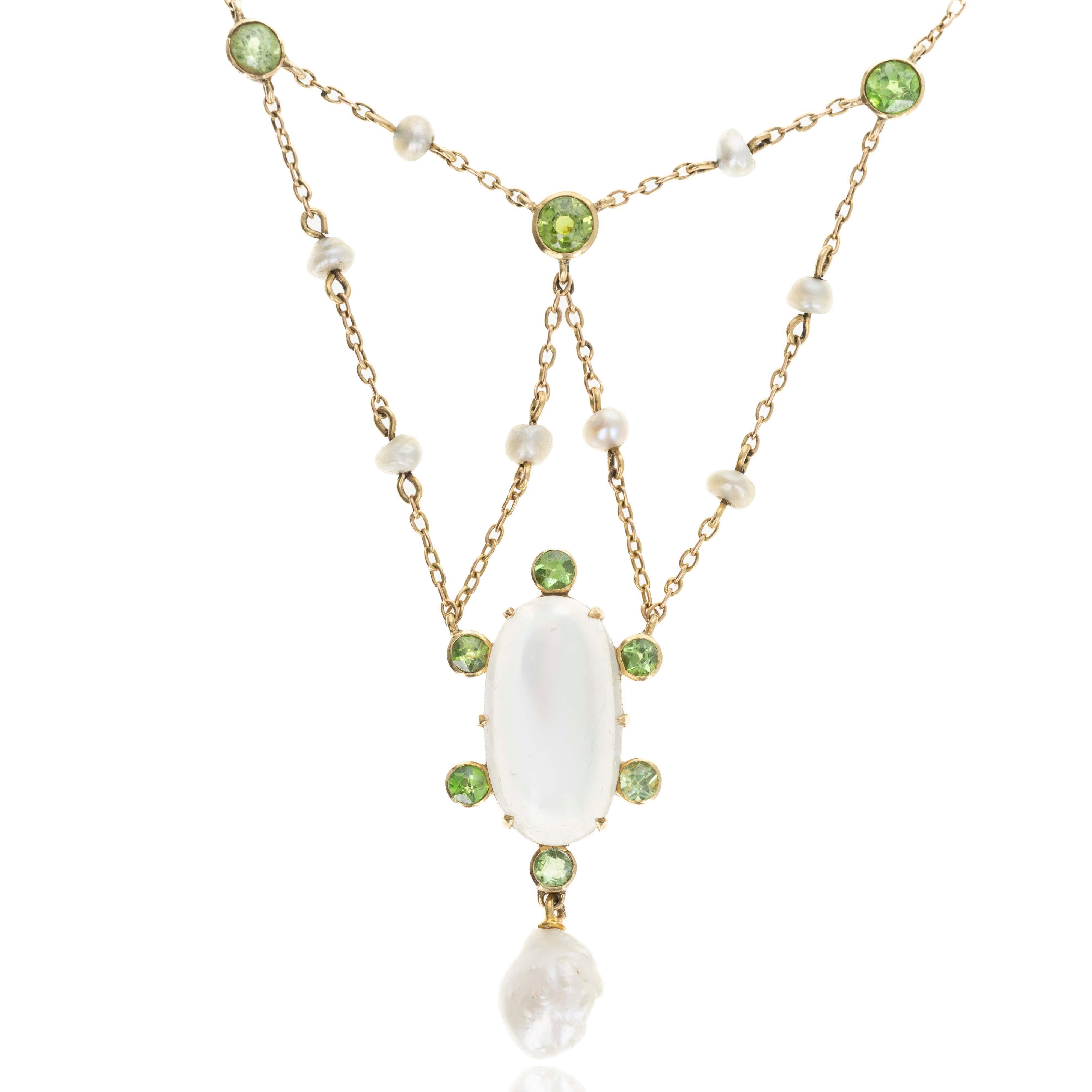 Victorian 15K Yellow Gold Moonstone Demantoid Garnet & Natural Pearl Necklace For Sale 1