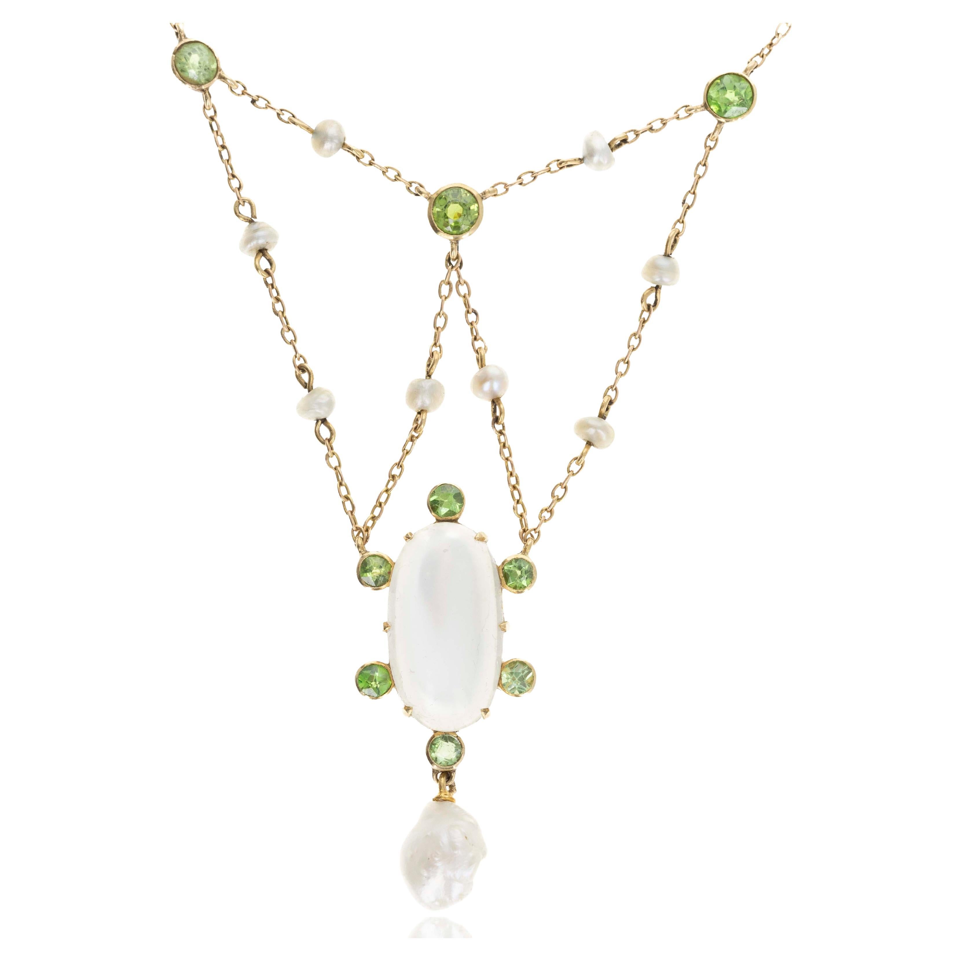 Victorian 15K Yellow Gold Moonstone Demantoid Garnet & Natural Pearl Necklace