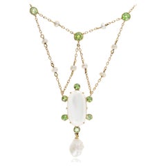 Victorian 15K Yellow Gold Moonstone Demantoid Garnet & Natural Pearl Necklace