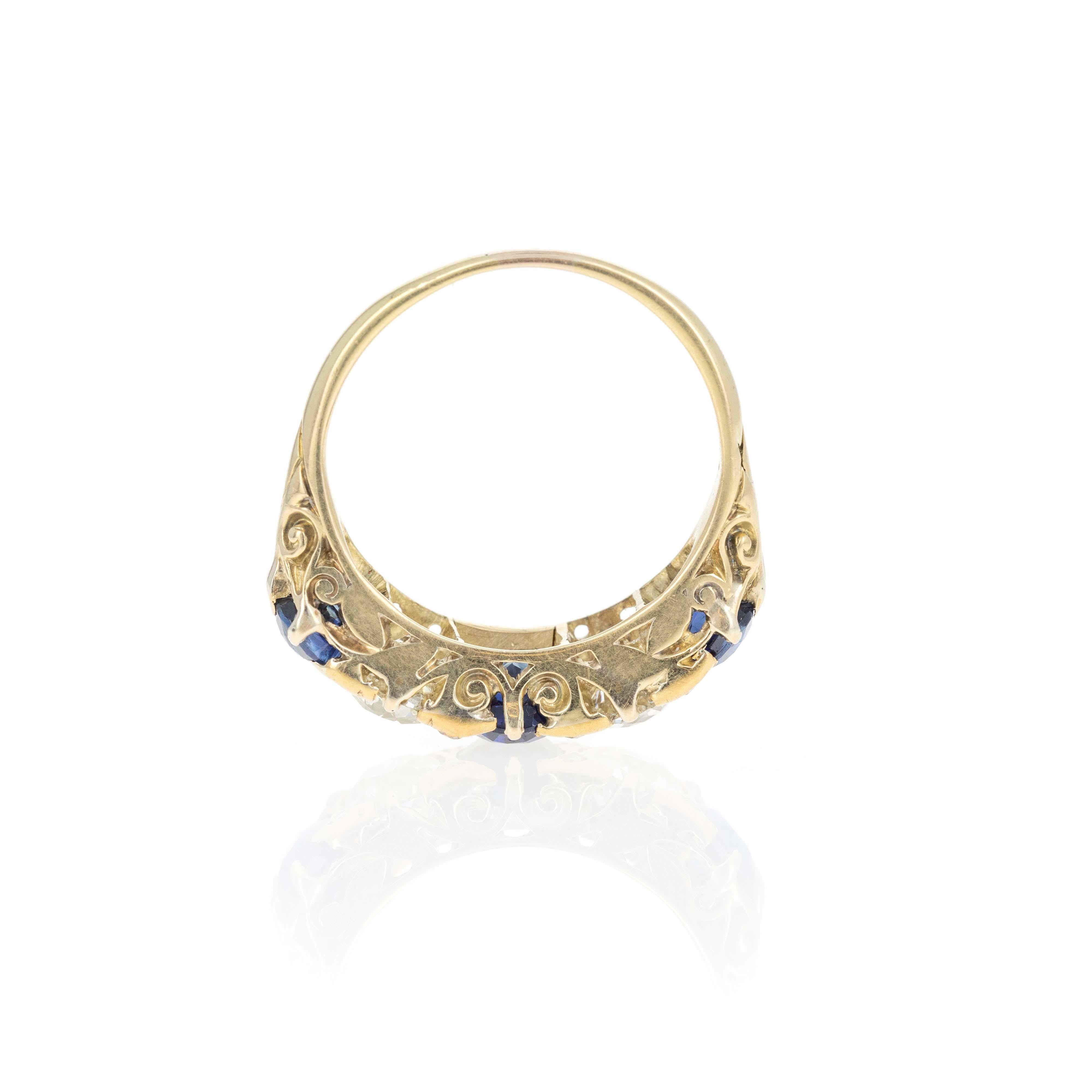 Era: Victorian Estate
Composition: 15K Yellow Gold
Primary Stone: Three Oval Natural Sapphire
Carat Weight: Approximately 2 Carats In Total
Accent Stones: Two Old European Cut & Eight Rose Cut Diamonds
Carat Weight: Approximately 1.45 Carats in
