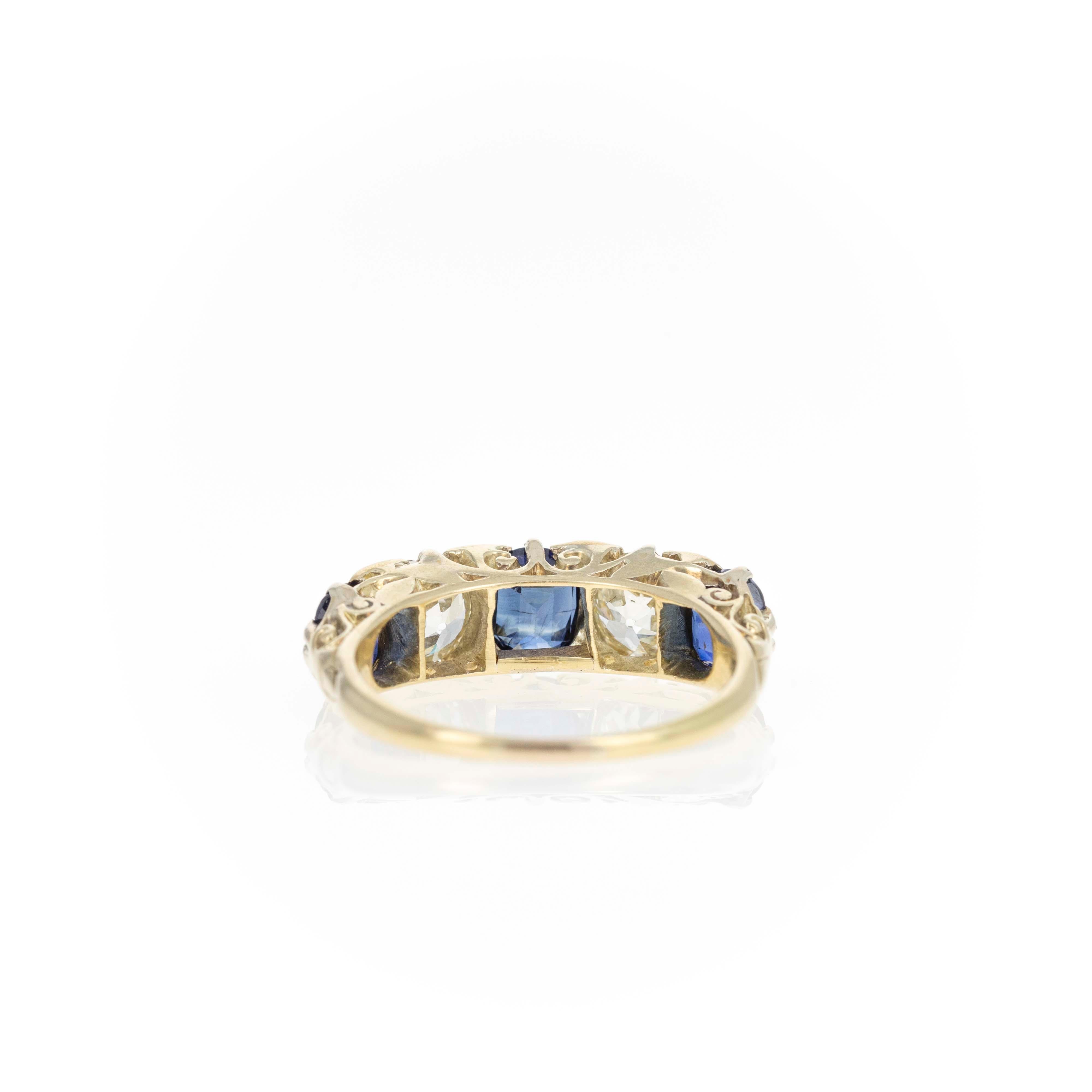 Victorian 15K Yellow Gold Sapphire Old European Diamond Five Stone Ring In Excellent Condition For Sale In Cape May, NJ
