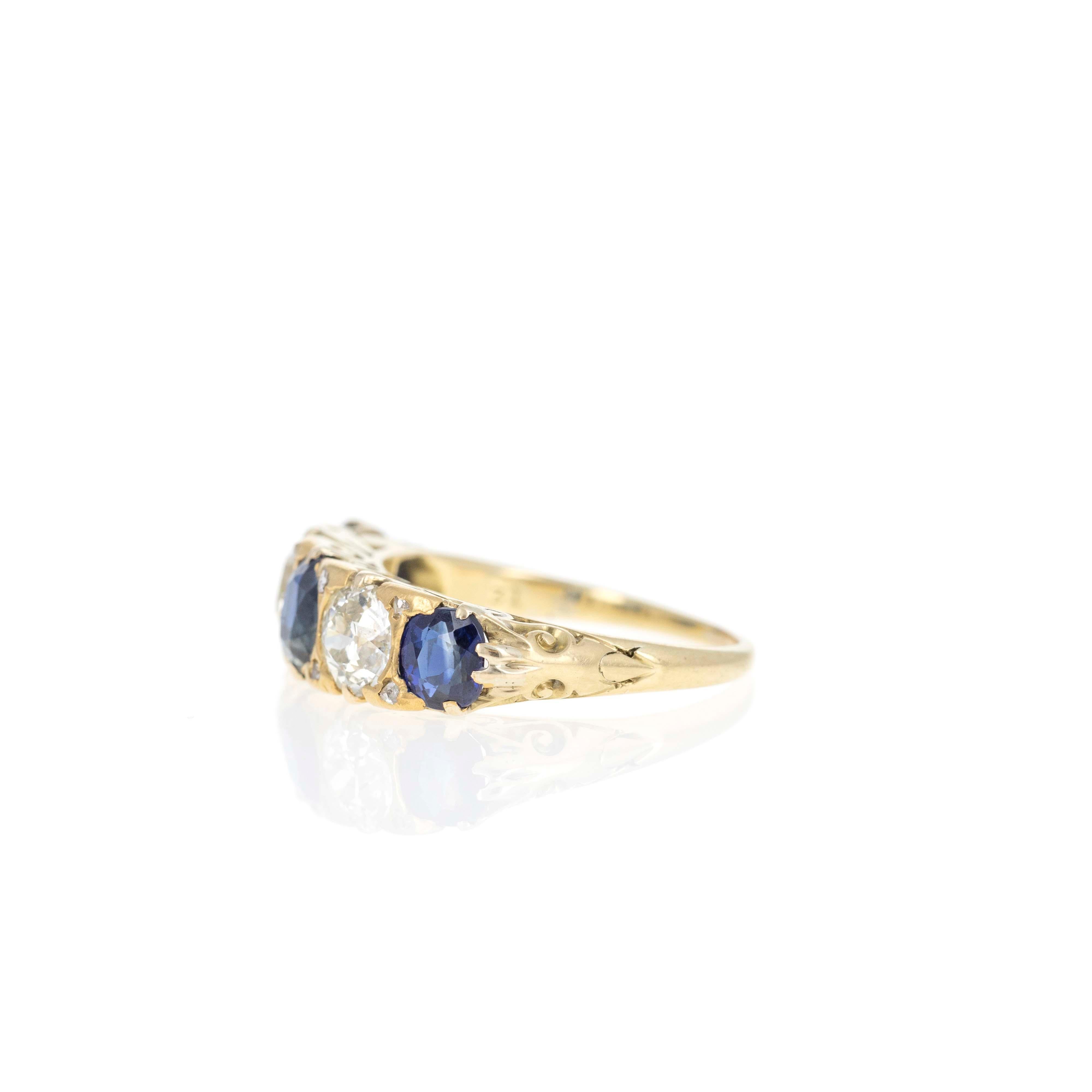 Women's Victorian 15K Yellow Gold Sapphire Old European Diamond Five Stone Ring For Sale