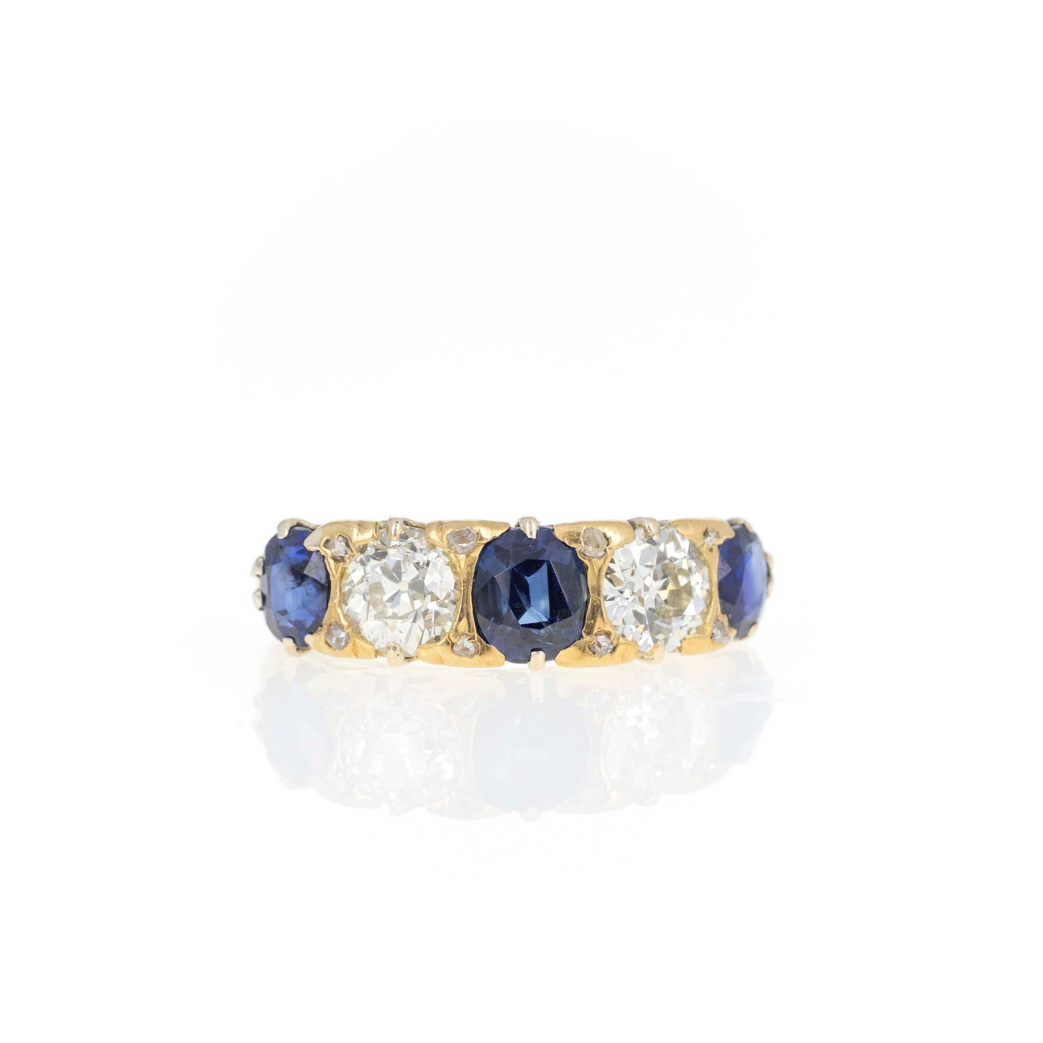Victorian 15K Yellow Gold Sapphire Old European Diamond Five Stone Ring For Sale 1
