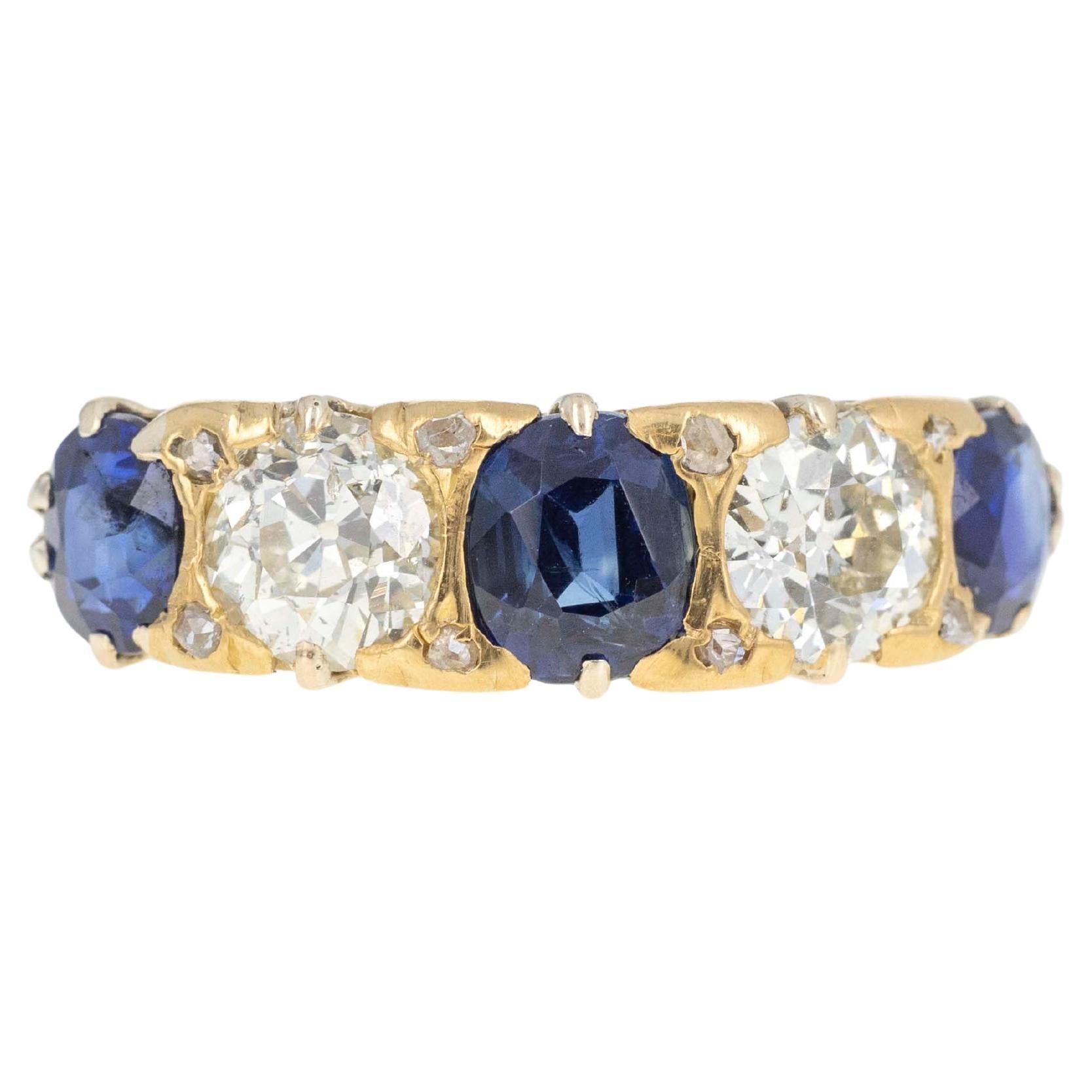 Victorian 15K Yellow Gold Sapphire Old European Diamond Five Stone Ring
