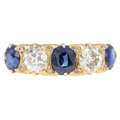 Viktorianischer 15K Gelbgold Saphir Alter Europäischer Diamant Fünf Stein Ring