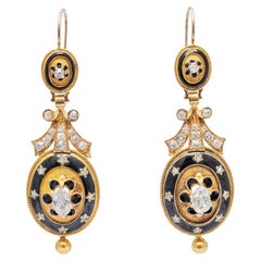 Antique Victorian 15kt Black Enamel + Diamond Earrings 2.25ctw