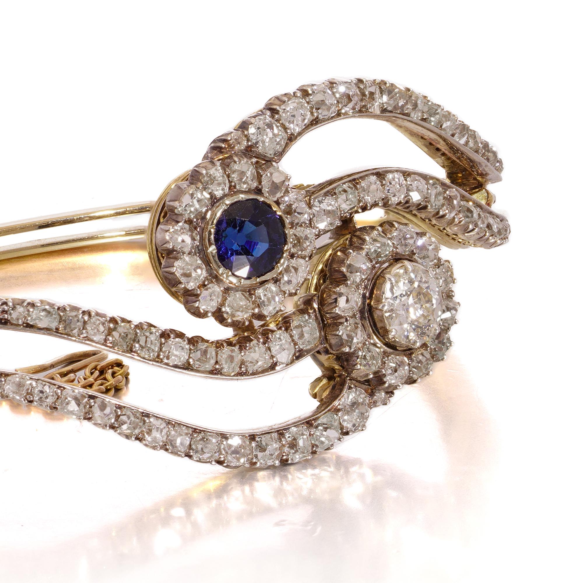 Old European Cut Victorian 15kt Gold 4.50 ct. Diamond & Sapphire Bangle For Sale