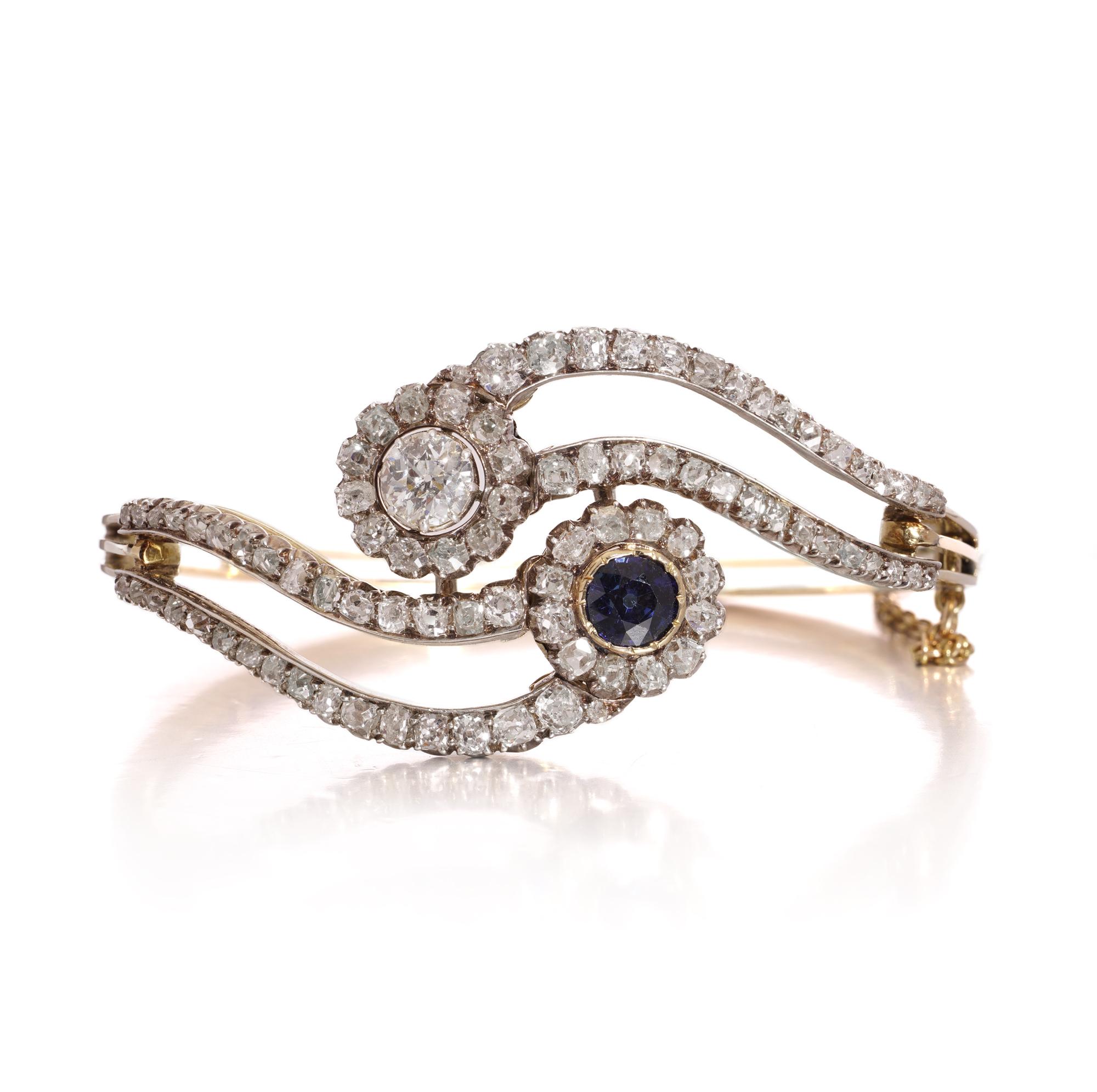 Victorian 15kt Gold 4.50 ct. Diamond & Sapphire Bangle For Sale 2