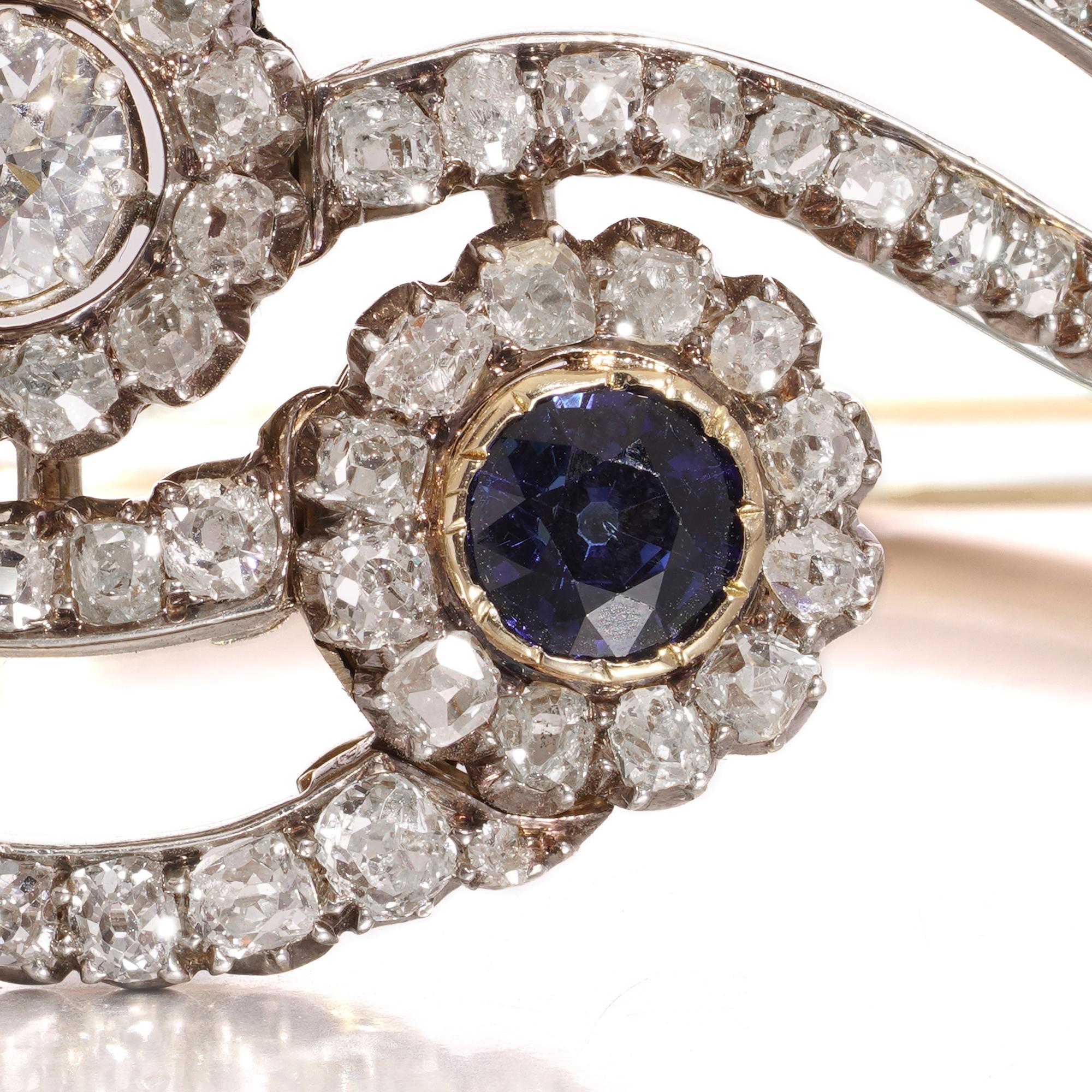 Victorian 15kt Gold 4.50 ct. Diamond & Sapphire Bangle For Sale 3