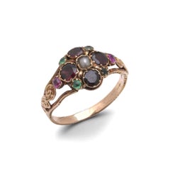 Victorian 15KT Gold Amethyst, Garnet & Pearl Ring, 1880s
