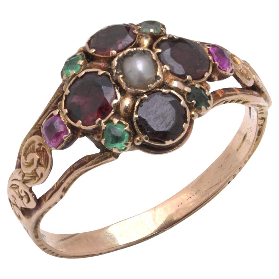 Victorian 15KT Gold Amethyst, Garnet
Pearl Ring, 1880s